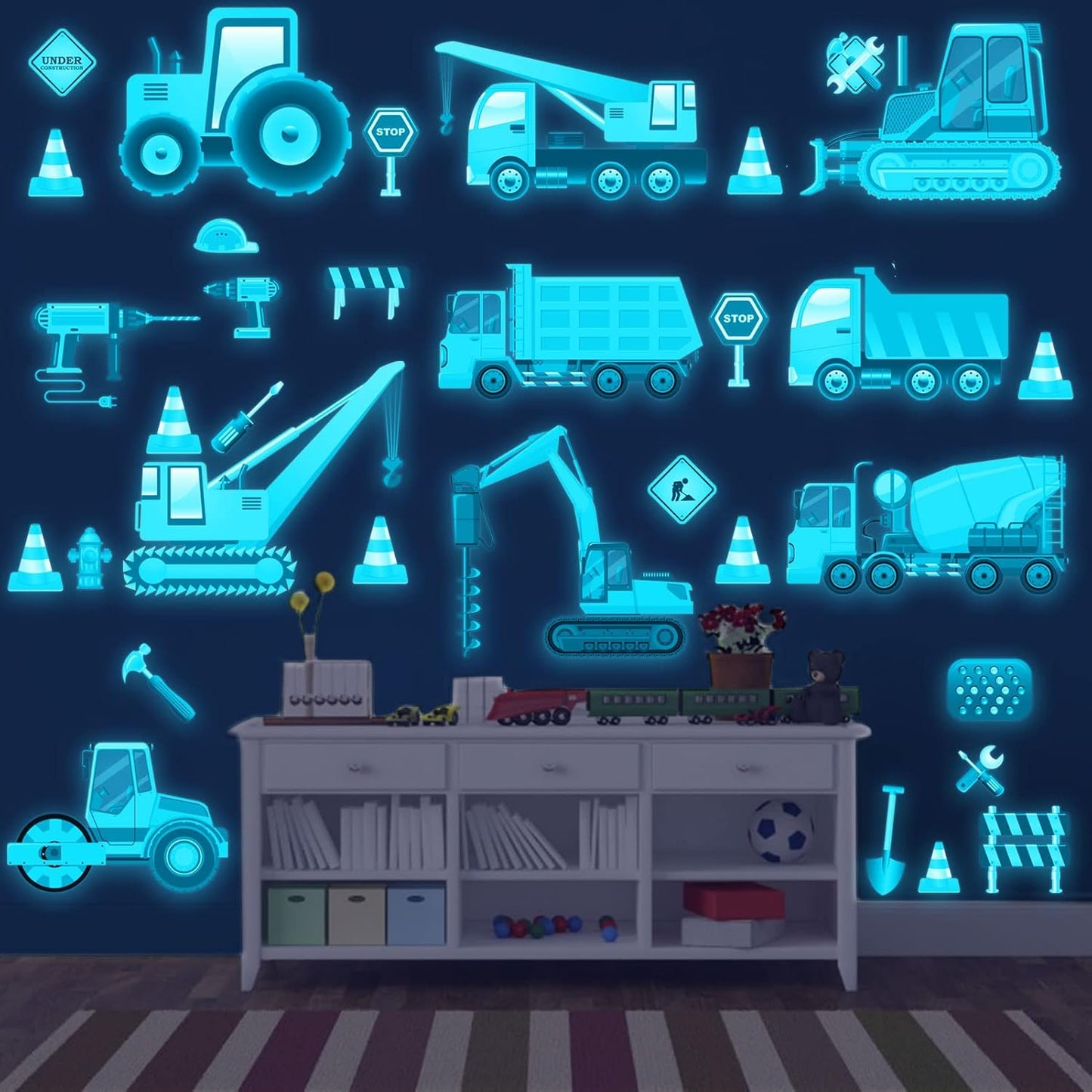Glow in The Dark Construction Wall Decals,Luminous Construction Wall Stickers Decals Glowing Self-Adhesive Truck Car Excavator Stickers for Ceiling Decor Kids Baby Room Wall Stickers Decor Boys Gifts