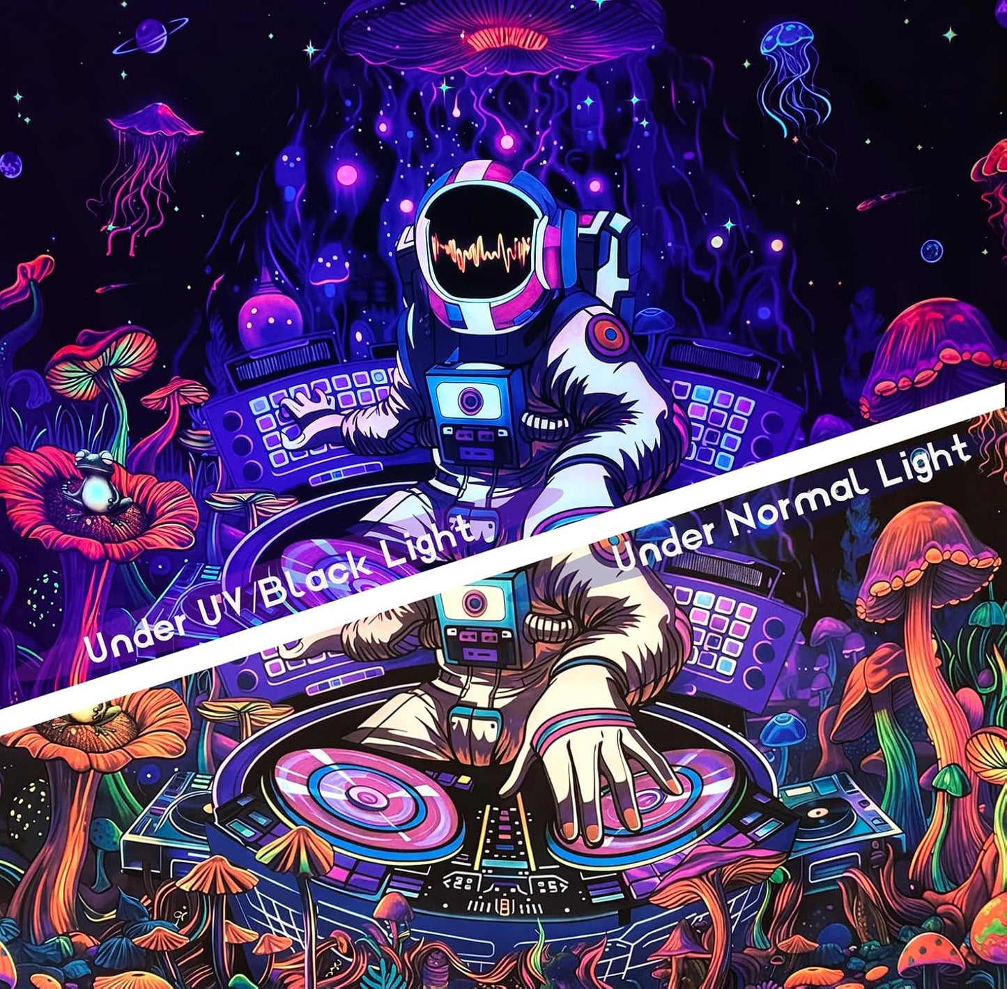Blacklight Astronaut Tapestry Glow In The Dark Funny DJ Music Tapestry UV Reactive Space Galaxy Planet Mushroom Floral Jellyfish Frog Tapestries Wall Hanging for Home Dorm Living Room Decor W59×H51
