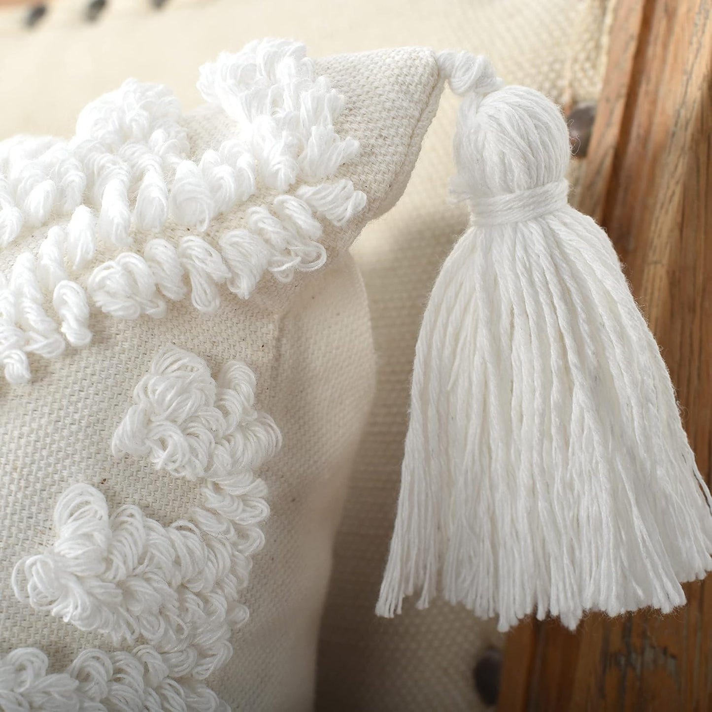 Boho Style Sofa Throw Pillow Covers – Exquisitely Crafted with Hand-Finished Tuft with Thick Cotton Tassel Details – Soft & Stylish Moroccan Decorative, 18x18inch (Spring Ruched)