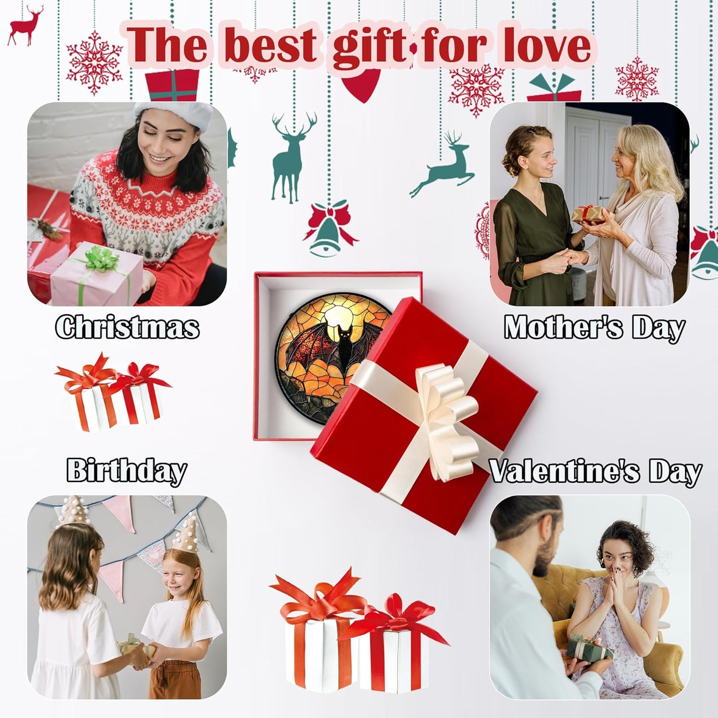 Stained Glass Window Hanging, Black Bat Sun Catcher for Door Home Decor Animal Suncatcher Christmas Mother's Day Birthday Gifts for Women Men Mom and Nana 7.8 in