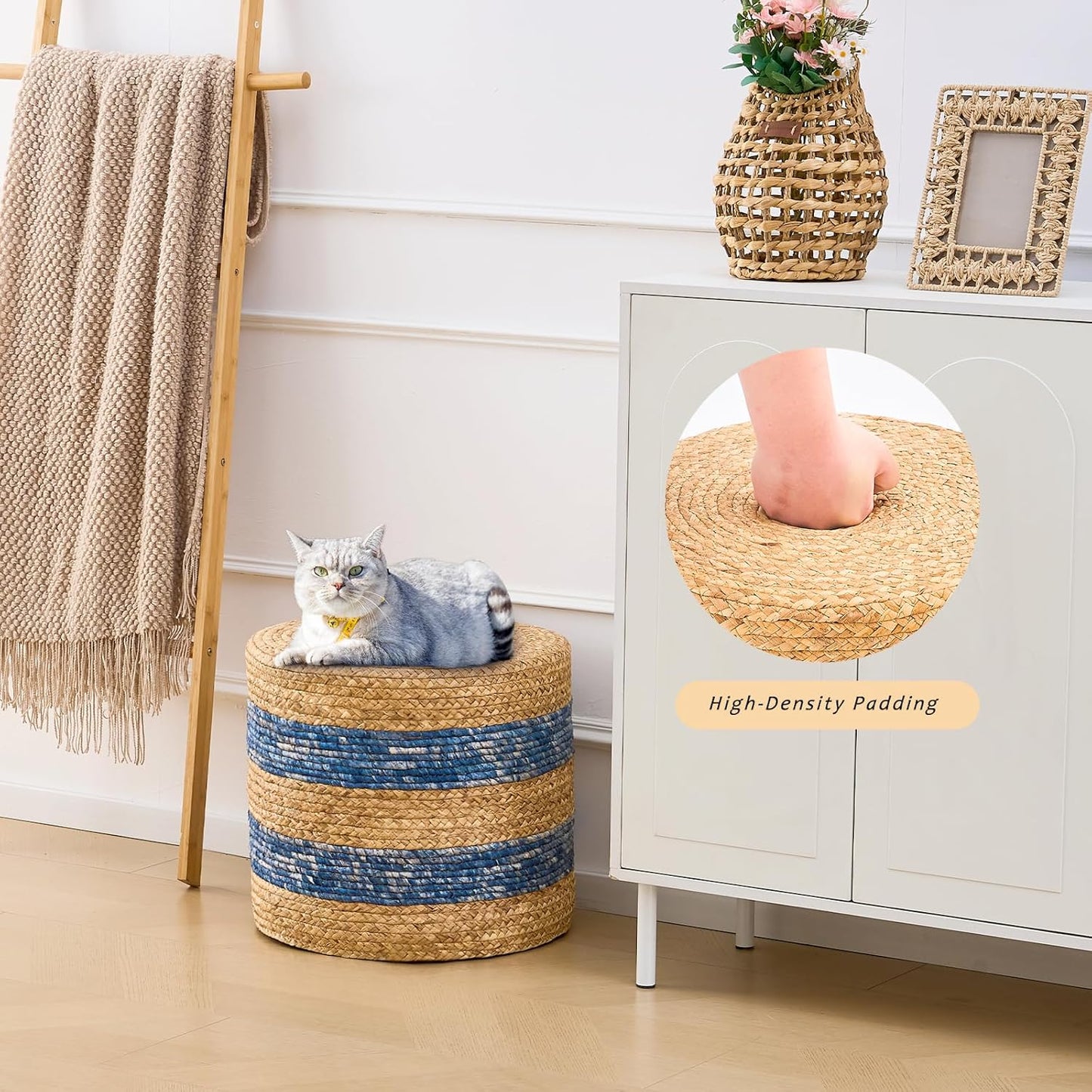 Handwoven Ottoman Pouf, Natural Water Hyacinth Footstool, Round Braided Outdoor Seat with Sturdy Frame, Boho Accent Stool for Patio, Balcony, or Garden (Blue)