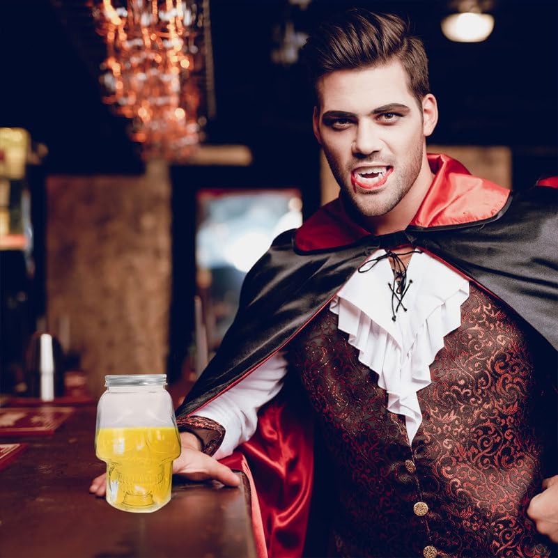 VOSAREA 4pcs Halloween Beverage Bottles Clear Skull Shaped Jar Cups 800ml Plastic Drink Bottles with Screw Straw Hole Lid Party Water Tumbler Skull Beverage Juice Mug