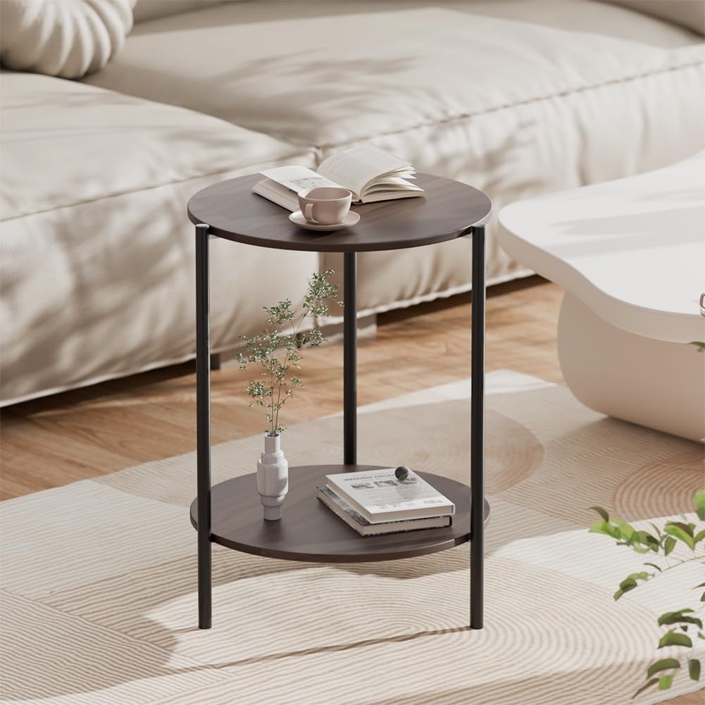 Side Table, Round End Table with 2-Layer Storage Rack, 15.7" Small Spaces Circle Table, Metal Frame Design Small Side Tables, for Living Room, Bedroom, Vintage Wood