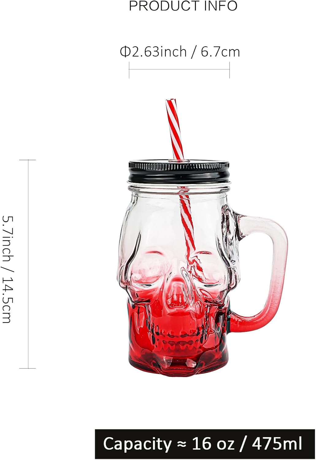 Halloween Cups Set of 4 - Skull Mason Jar with Lids Straws and Handle - Colorful Drinking Glasses for Halloween Party Bar Decor, 16 oz