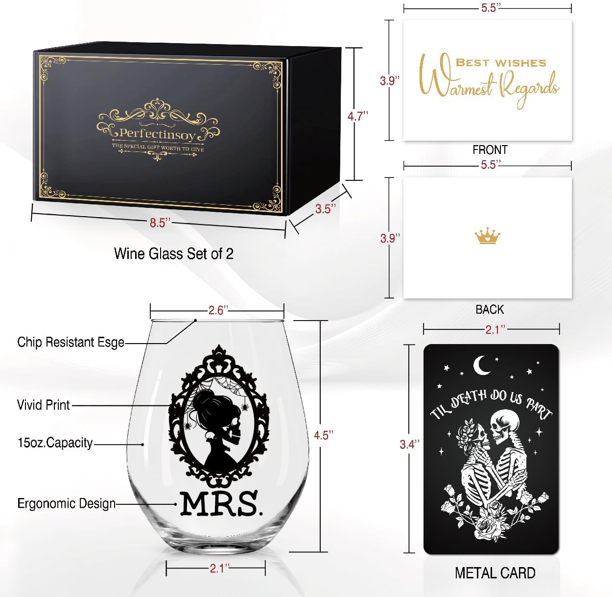 Perfectinsoy Skull Wine Glass 2 Piece with Gift Box, Zombie Design, Valentine's Day Autumn Halloween, Anniversary Wedding Gifts, Couple Gifts for Boyfriend and Girlfriend. (Mrs Mr Set of 2)