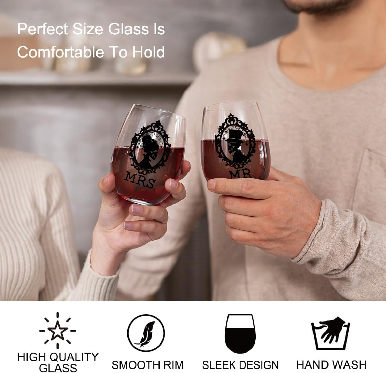 Perfectinsoy Skull Wine Glass 2 Piece with Gift Box, Zombie Design, Valentine's Day Autumn Halloween, Anniversary Wedding Gifts, Couple Gifts for Boyfriend and Girlfriend. (Mrs Mr Set of 2)