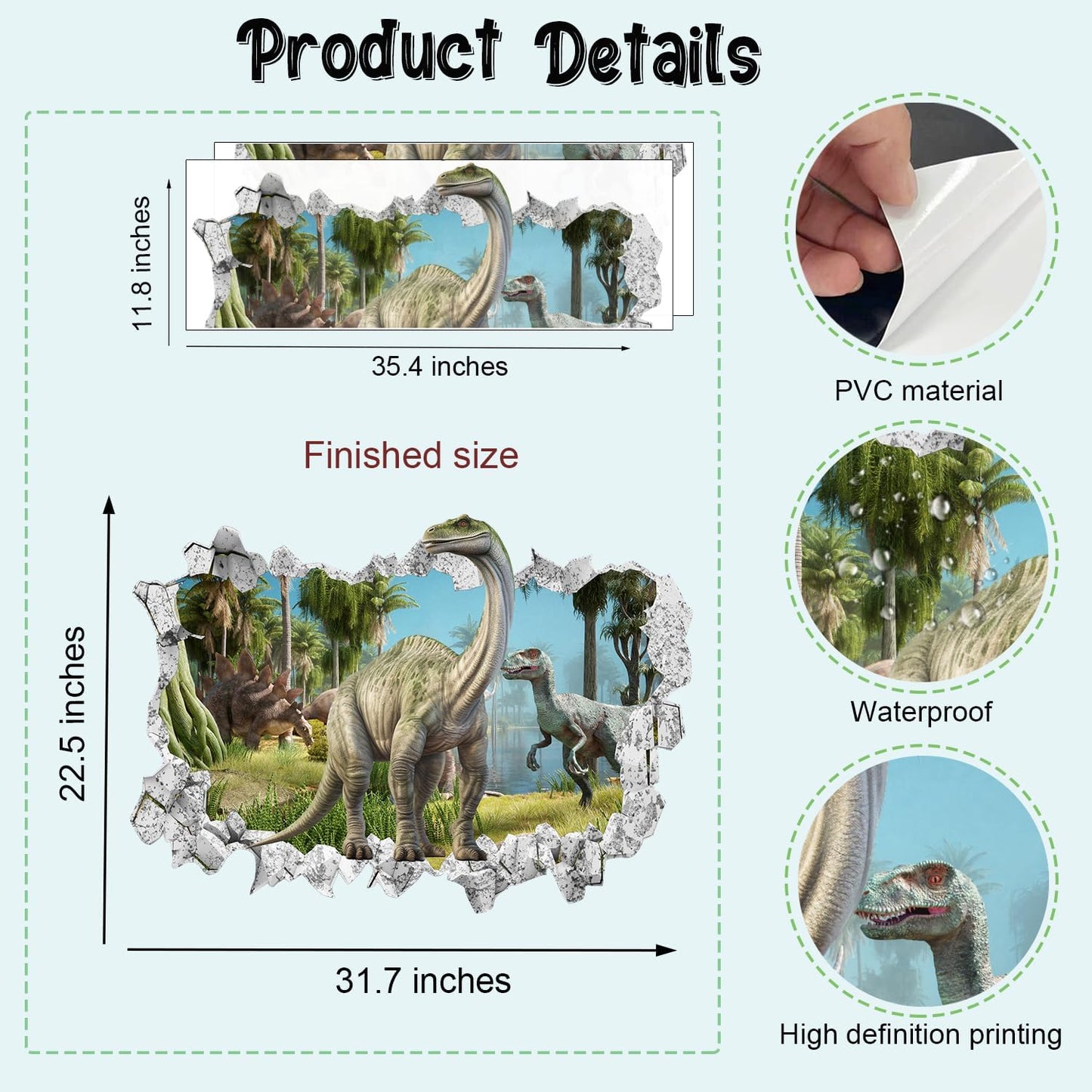 Large 3D Dinosaur Wall Stickers (31.7”x 22.5”), Dino Broken Hole Vinyl Wall Decals, Removable Forest Dinosaur Animal Wall Art for Kids Boys Bedroom Playroom Decor