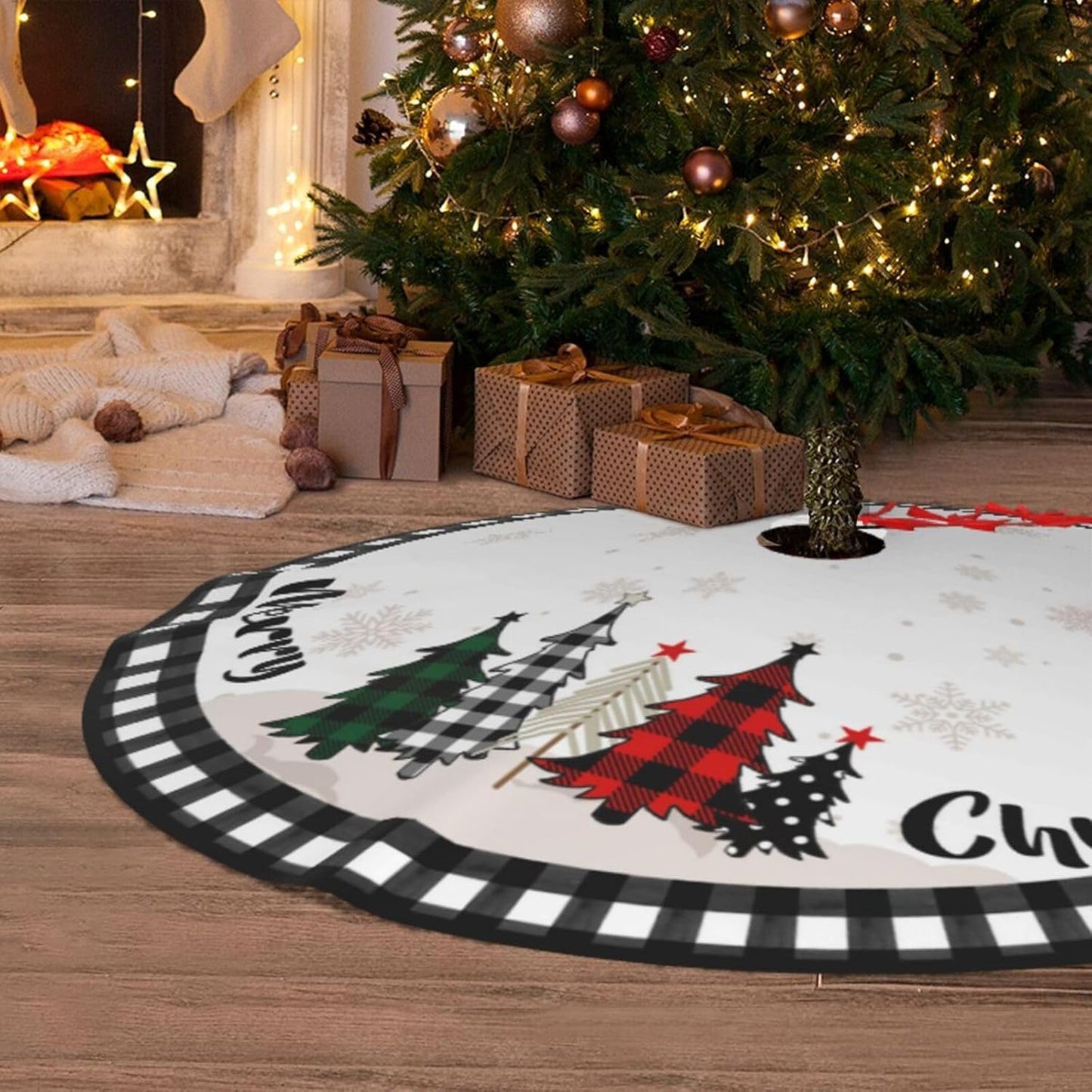 Christmas Tree Skirt 36 Inch Snowman Xmas Tree Skirts with Edge Rustic Vintage Farmhouse Christmas Decoration Ornaments for Merry Christmas Holiday Party Indoor Outdoor (Tree, 36inch)