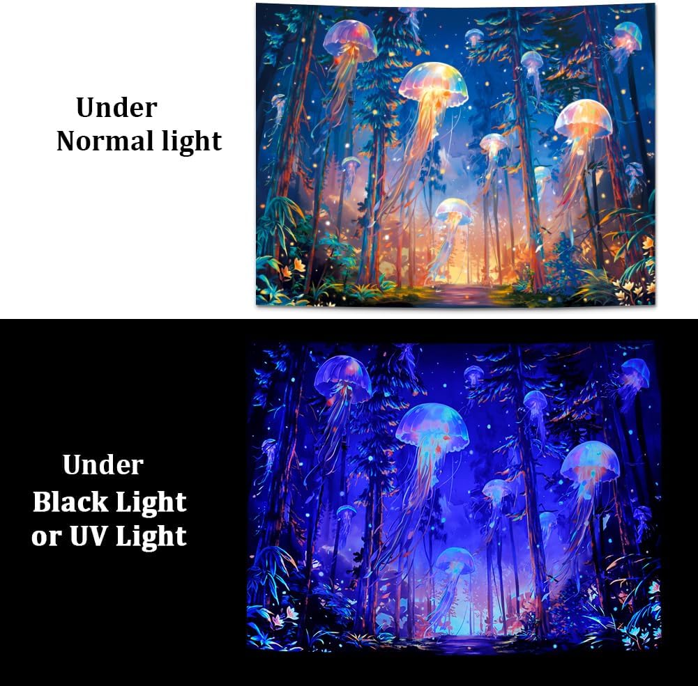 Blacklight Forest Jellyfish Tapestry UV Reactive Nature Tree Tapestry Trippy Fantasy Starry Sky Tapestries Aesthetic Jungle Plants Tapestries Wall Hanging for Bedroom