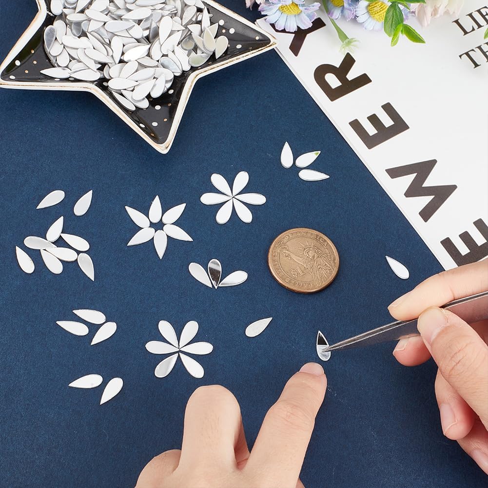 OLYCRAFT 300pcs Teardrop Craft Mirrors Mosaic Tiles 4.5x12mm Self-adhesive Teardrop Mosaic Tiles Mini Glass Mirror Tiles Teardrop Glass Tiles for DIY Crafts Art Wall Door Home Decorations