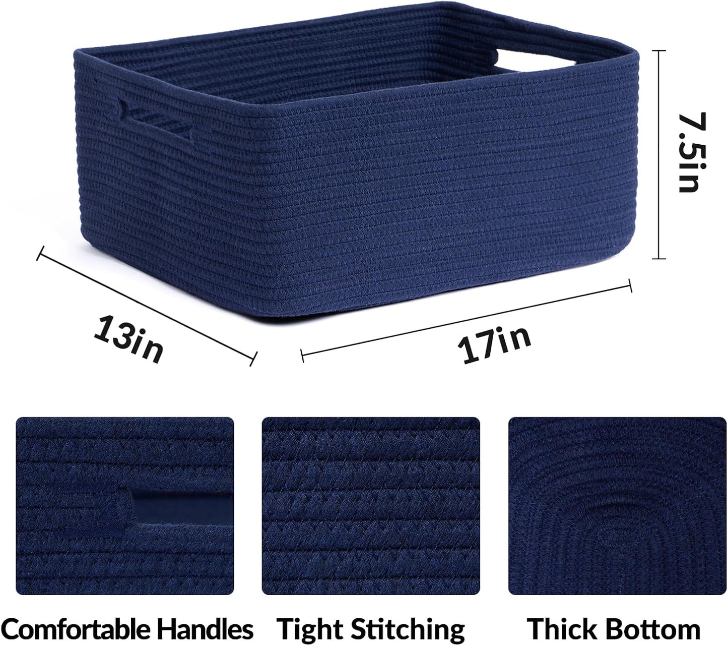 Large Storage Baskets for Organizing, Closet Shelf Baskets for Clothes Blanket Towels, Baby Nursery, Toy Bins Box, Woven Rope Baskets, 17 x 13 x 7.5”, 4 Packs Navy Blue