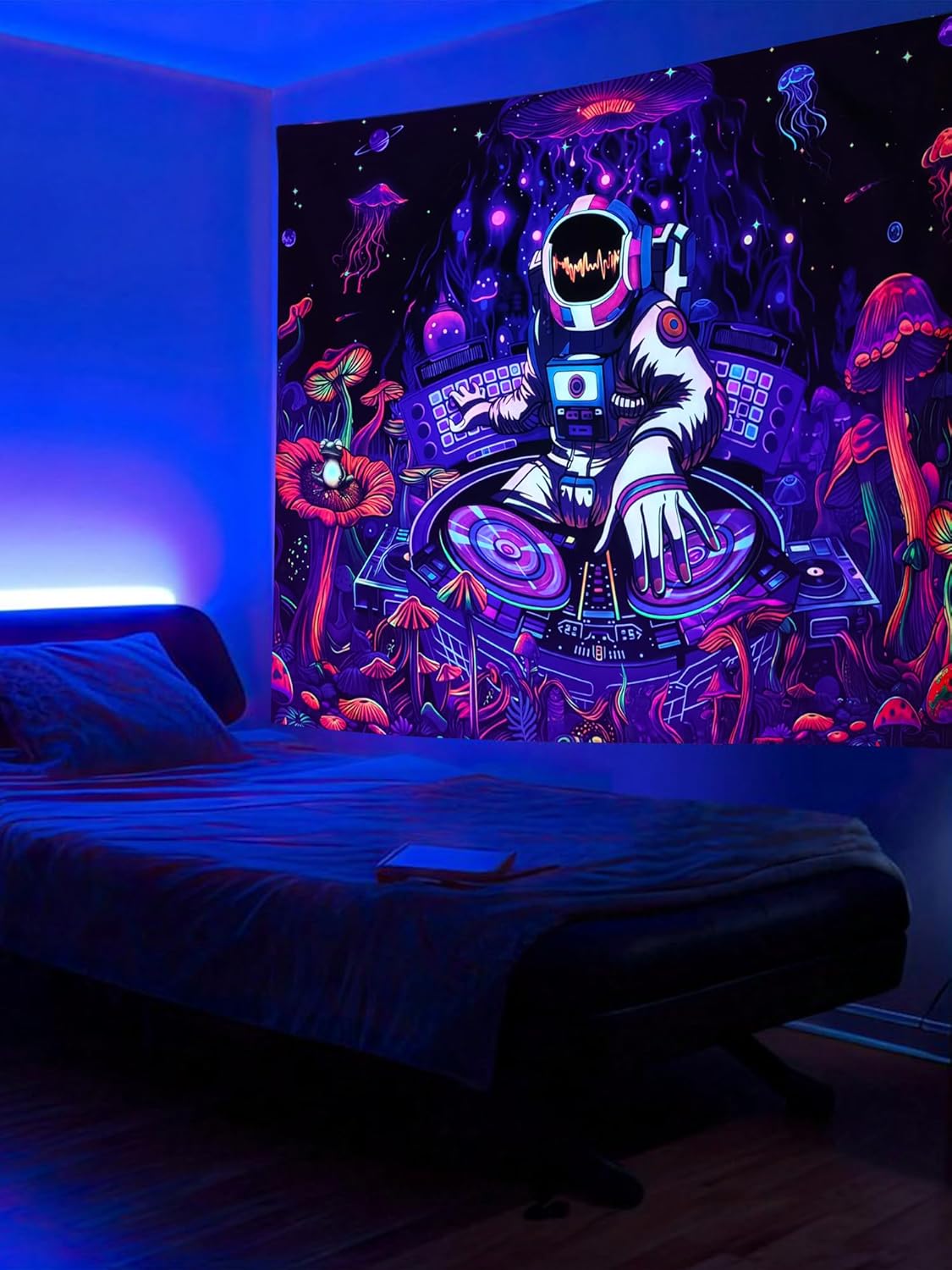 Blacklight Astronaut Tapestry Glow In The Dark Funny DJ Music Tapestry UV Reactive Space Galaxy Planet Mushroom Floral Jellyfish Frog Tapestries Wall Hanging for Home Dorm Living Room Decor W59×H51