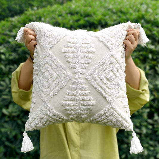 Boho Style Sofa Throw Pillow Covers – Exquisitely Crafted with Hand-Finished Tuft with Thick Cotton Tassel Details – Soft & Stylish Moroccan Decorative, 18x18inch (Spring Ruched)