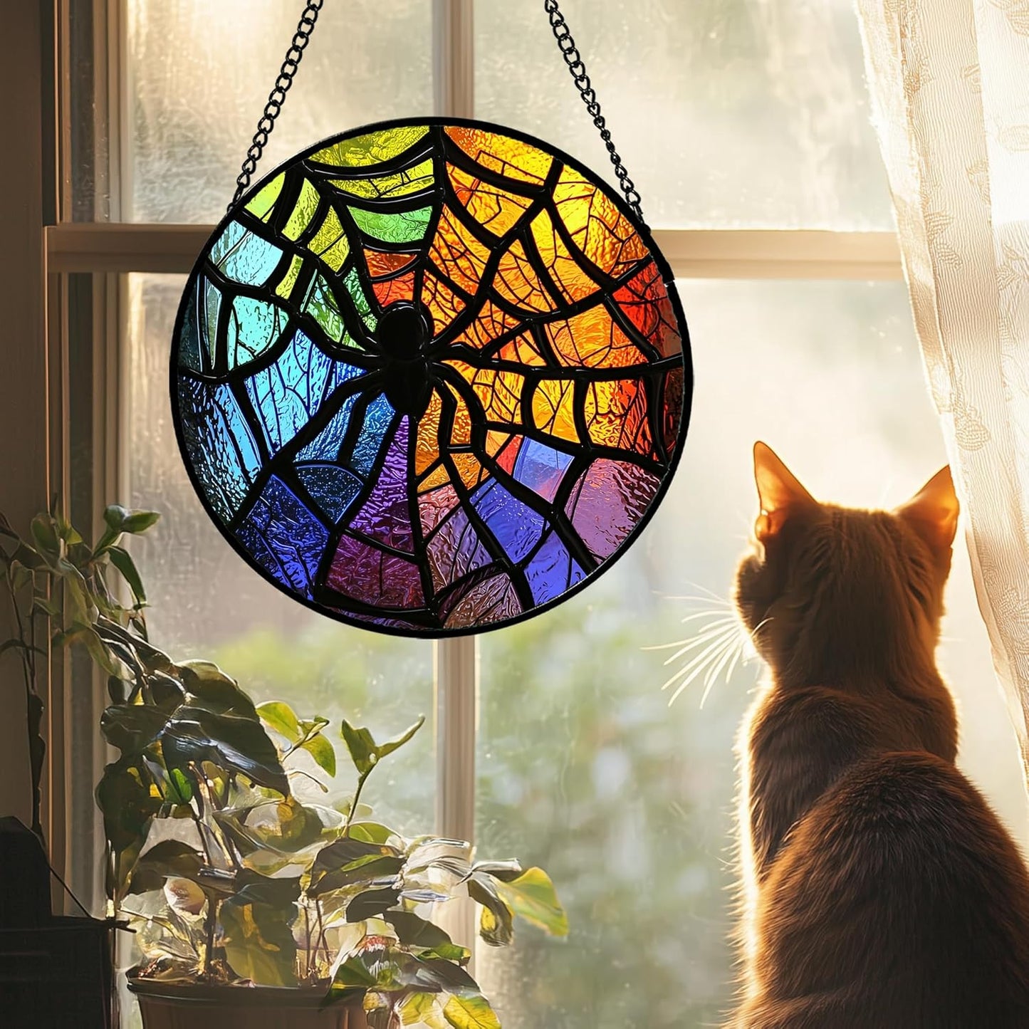 Stained Glass Suncatcher, Colorful Spider Sun Catcher Black Insect Stain Glass Window Hanging Decoration Mother's Day Birthday Gifts for Women Men Mom Nana 7.8 in