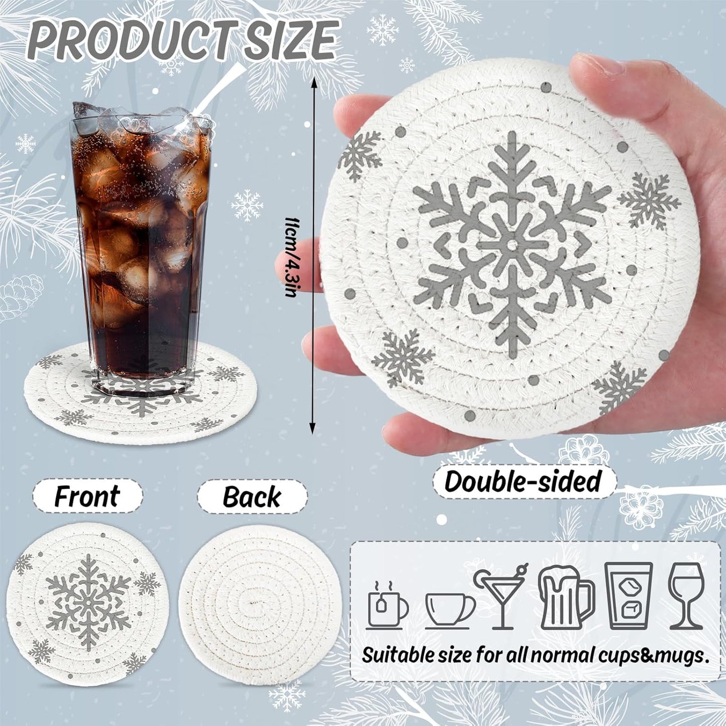 Whaline Winter Snowflake Handmade Braided Cotton Coasters Christmas Grey Snowflake Drink Coasters Absorbent Cup Coasters for Xmas Party Home Office Decor, Set of 4