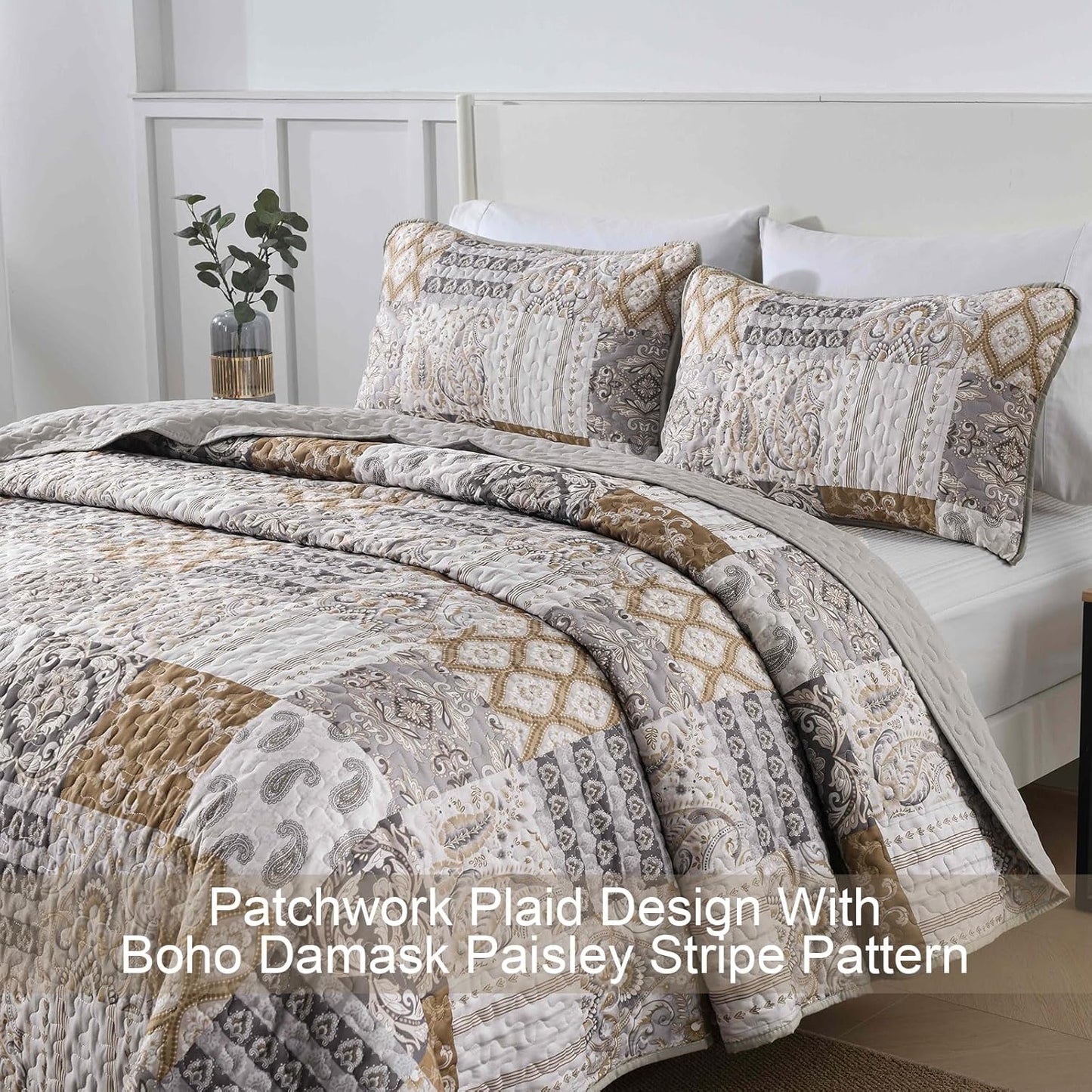 WONGS BEDDING Brown Quilt Set Queen Size, Patchwork Plaid Bedspread Bedding Sets Paisley Soft Microfiber Quilts for Queen Bed 3 Pieces Coverlet Set for All Season (96"x90")