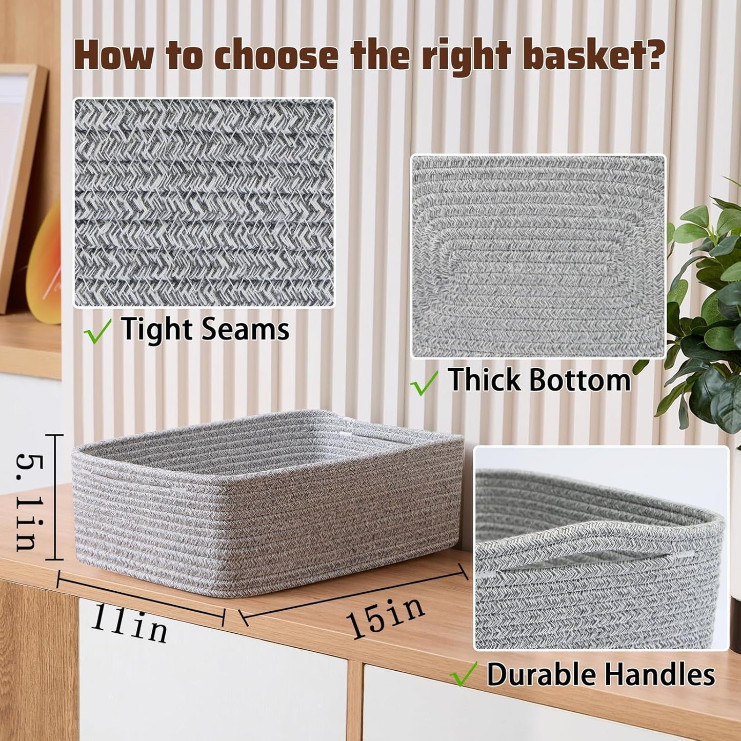 Large Shallow Organizing Baskets 15x11x5.1 Inches - Rope Woven Storage Bins for Bathroom, Shelves, Cube Closet, Mixed Grey 2 Packs