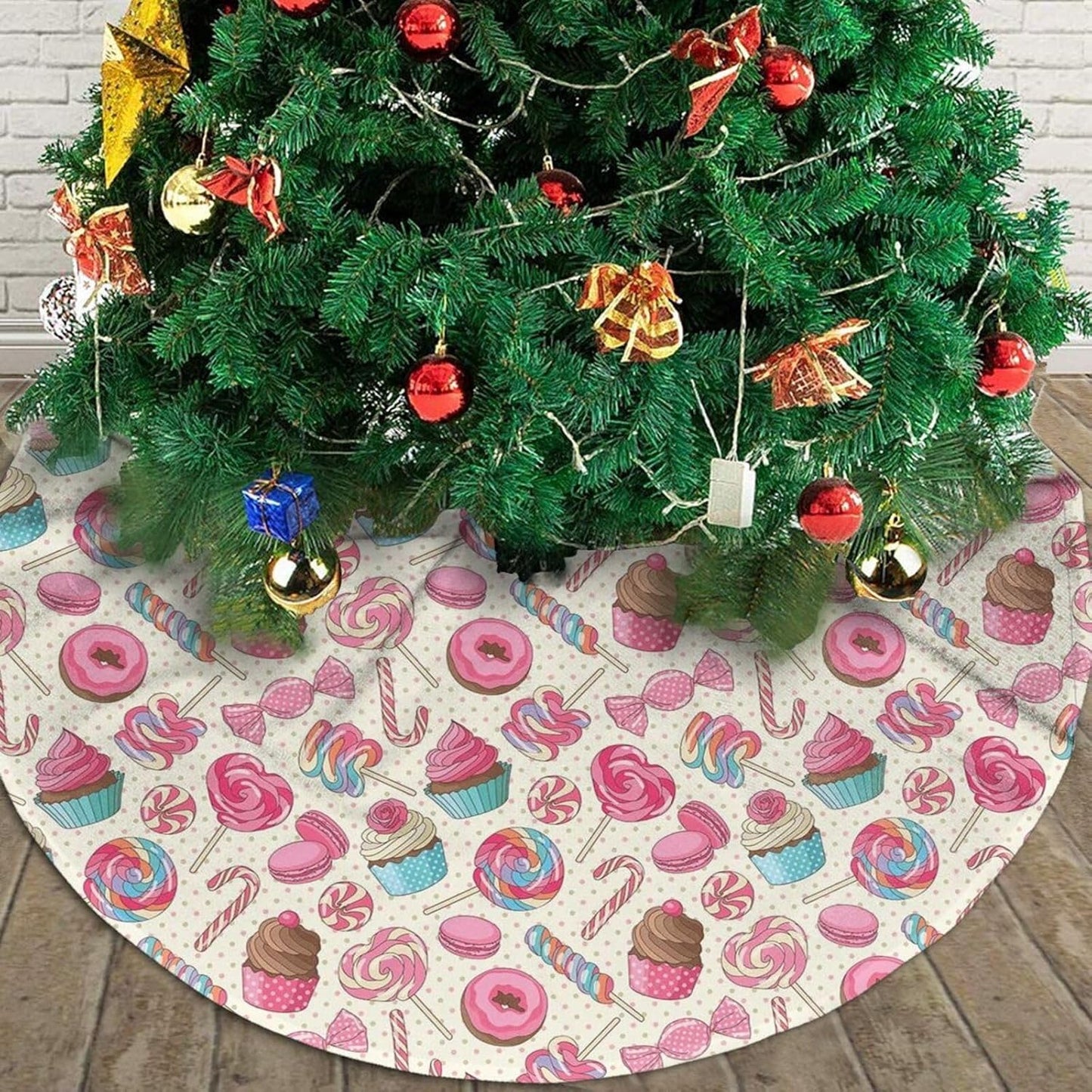 Christmas Tree Skirt,Sweet Lollipop Candy Macaroon Cupcake Donut Xmas Tree Skirt Rustic Farmhouse Tree Skirt for Christmas Decor Xmas Holiday Home Party Decorations36