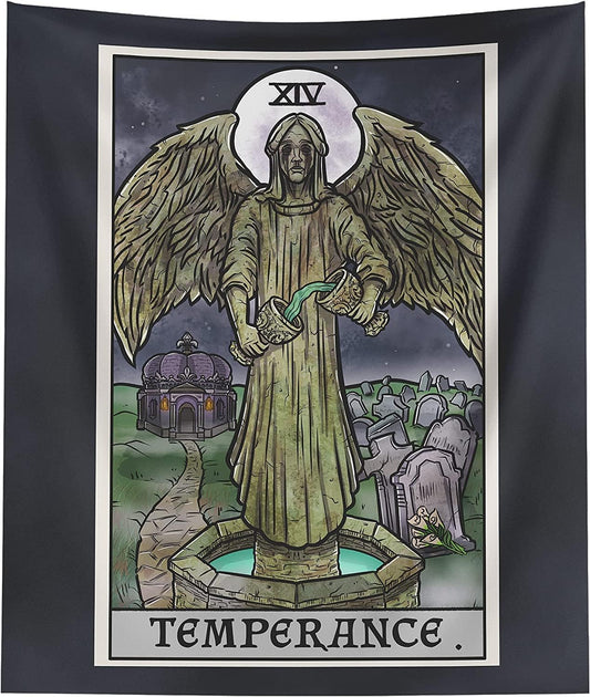 The Ghoulish Garb Temperance Tarot Card Tapestry - Crying Angel Statue - Gothic Halloween Home Decor Wall Hanging (60" x 50")