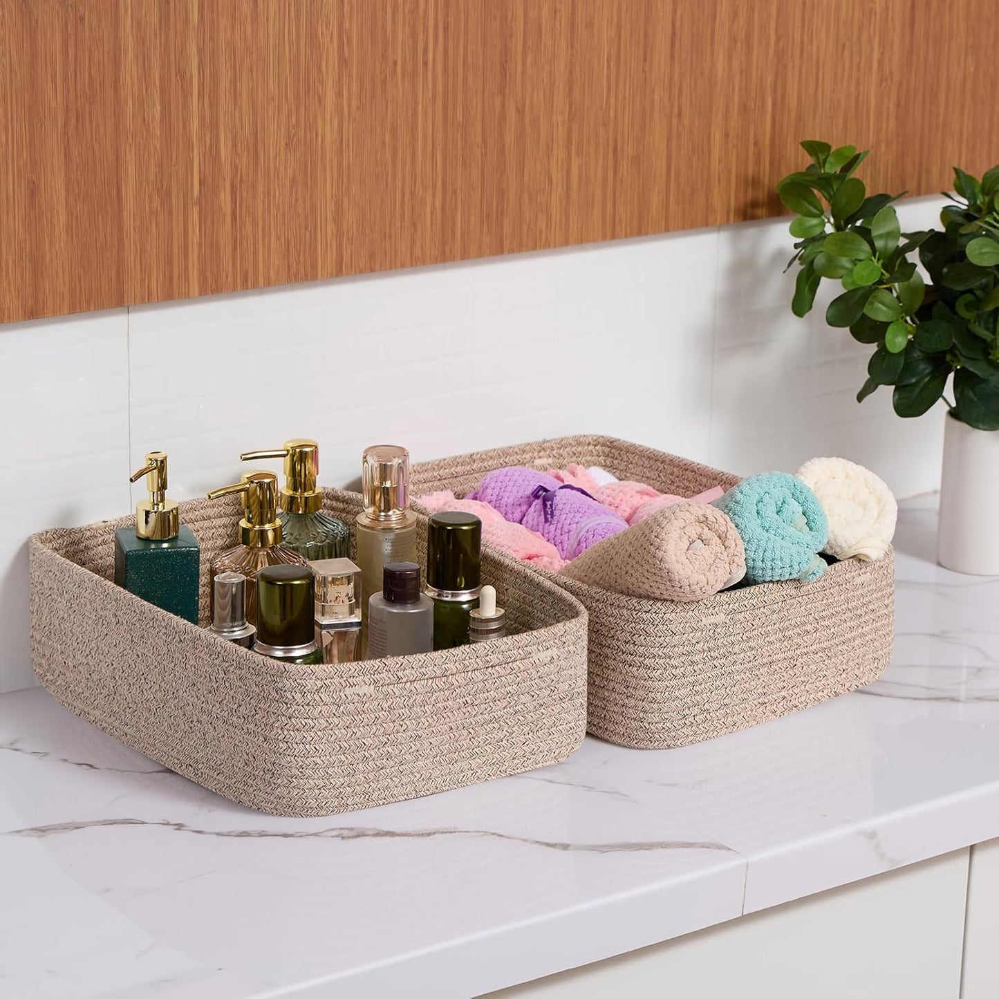Large Shallow Organizing Baskets 15x11x5.1 Inches - Rope Woven Storage Bins for Bathroom, Shelves, Cube Closet, Mixed Brown 2 Packs