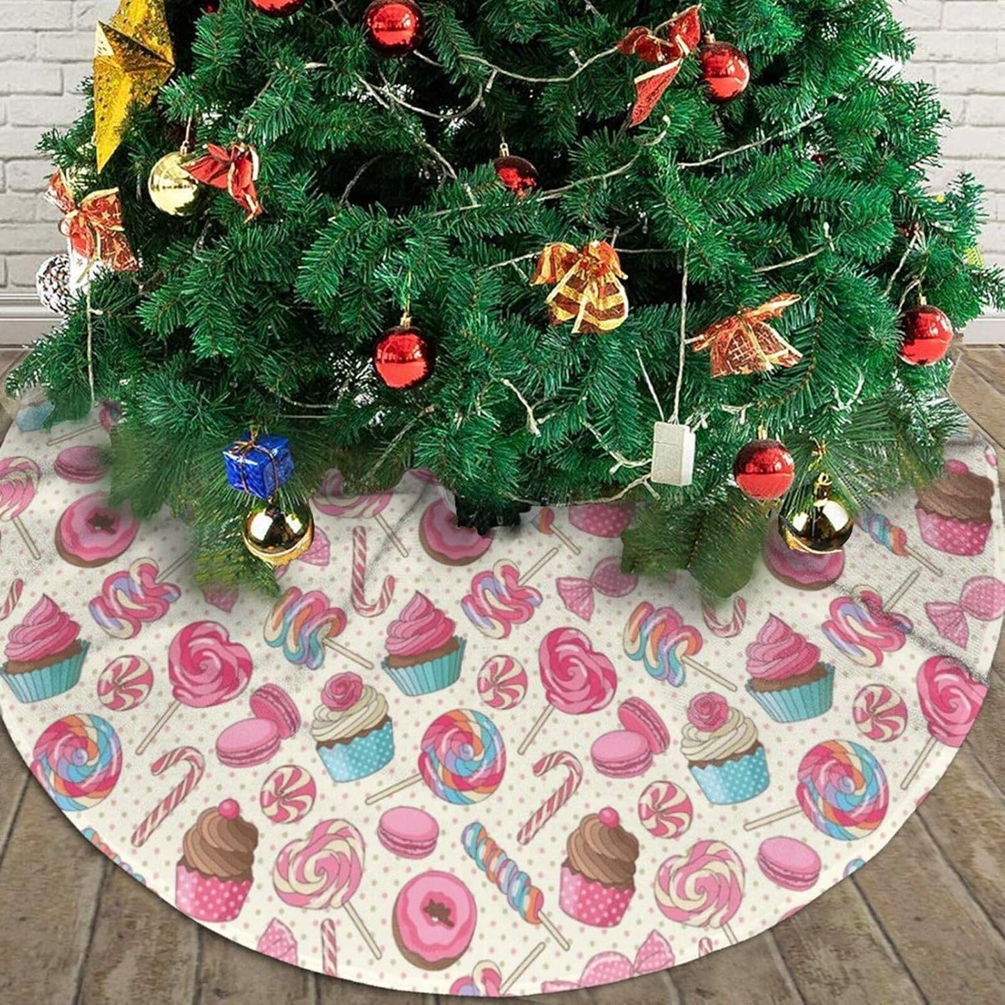 Christmas Tree Skirt,Sweet Lollipop Candy Macaroon Cupcake Donut Xmas Tree Skirt Rustic Farmhouse Tree Skirt for Christmas Decor Xmas Holiday Home Party Decorations48