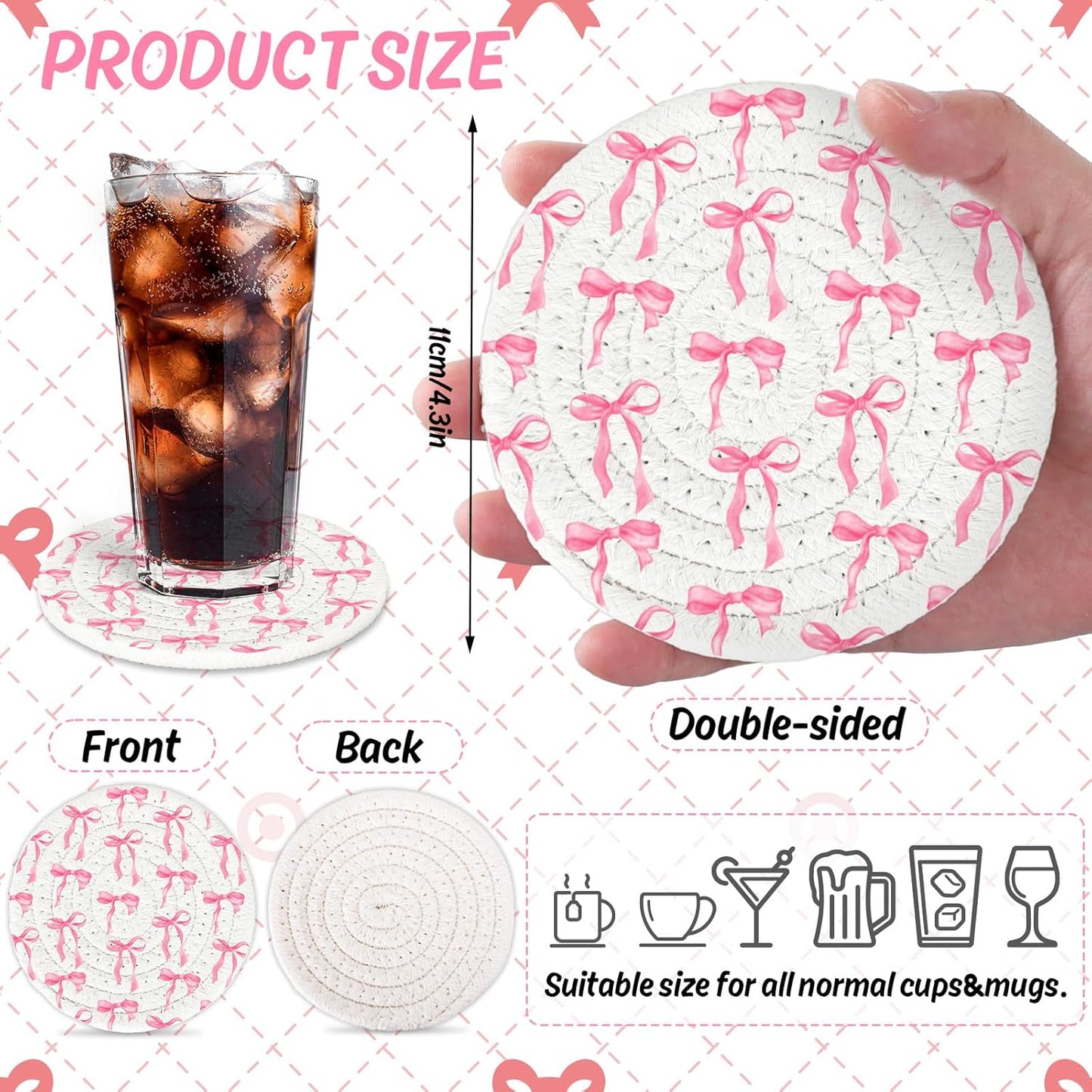 Whaline Pink Bow Coasters Handmade Braided Cotton Coasters Round Absorbent Bowknot Coquette Drink Mats for Breast Cancer Awareness Birthday Wedding Baby Shower Party Home Office Table Decor, Set of 4