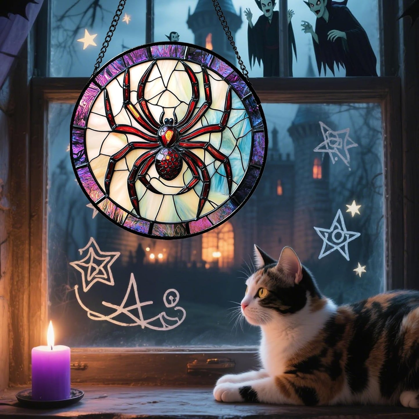 Stained Glass Window Hanging - Halloween Decorations Red Spider Goth Suncatcher for Doors Garden Indoor Funny Spooky Sun Catchers Gothic Decor Horror Gifts for Women Men Friend 7.8 in