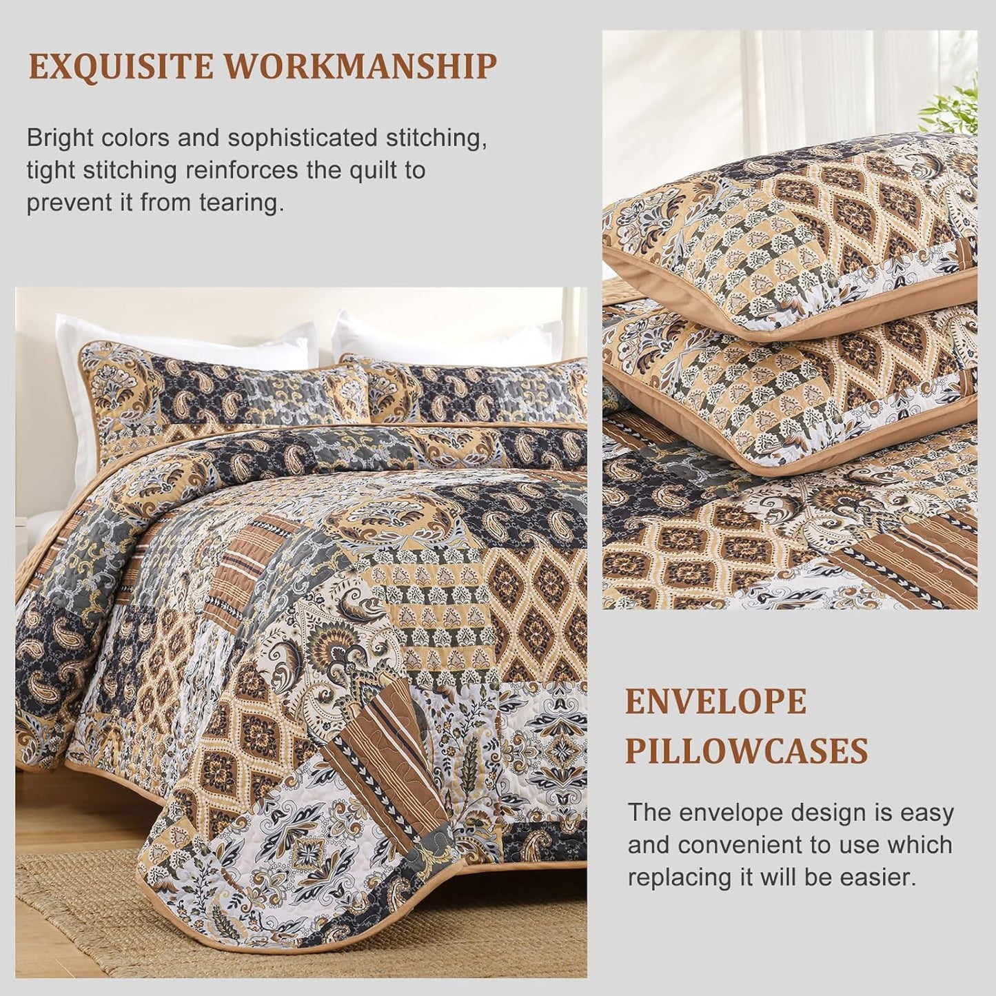 WONGS BEDDING Boho Quilt Set King Size, Dark Brown Plaid Patchwork Bedspread Bedding Set Soft Microfiber Quilt for King Bed Reversible 3 Pieces Coverlet Set for All Season (104"x90")