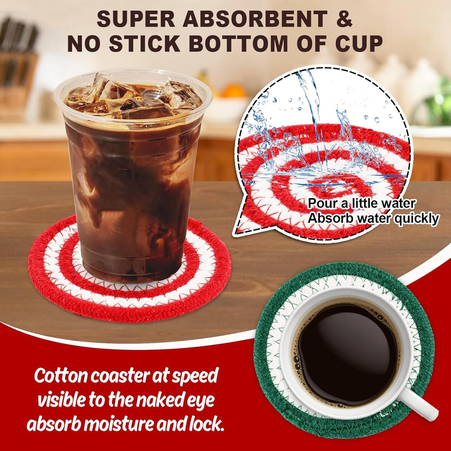 Whaline Christmas Cotton Coasters Red Green Peppermint Candy Handmade Braided Drink Coasters Absorbent Cup Mats for Xmas Holiday Party Home Table Decor, Set of 4