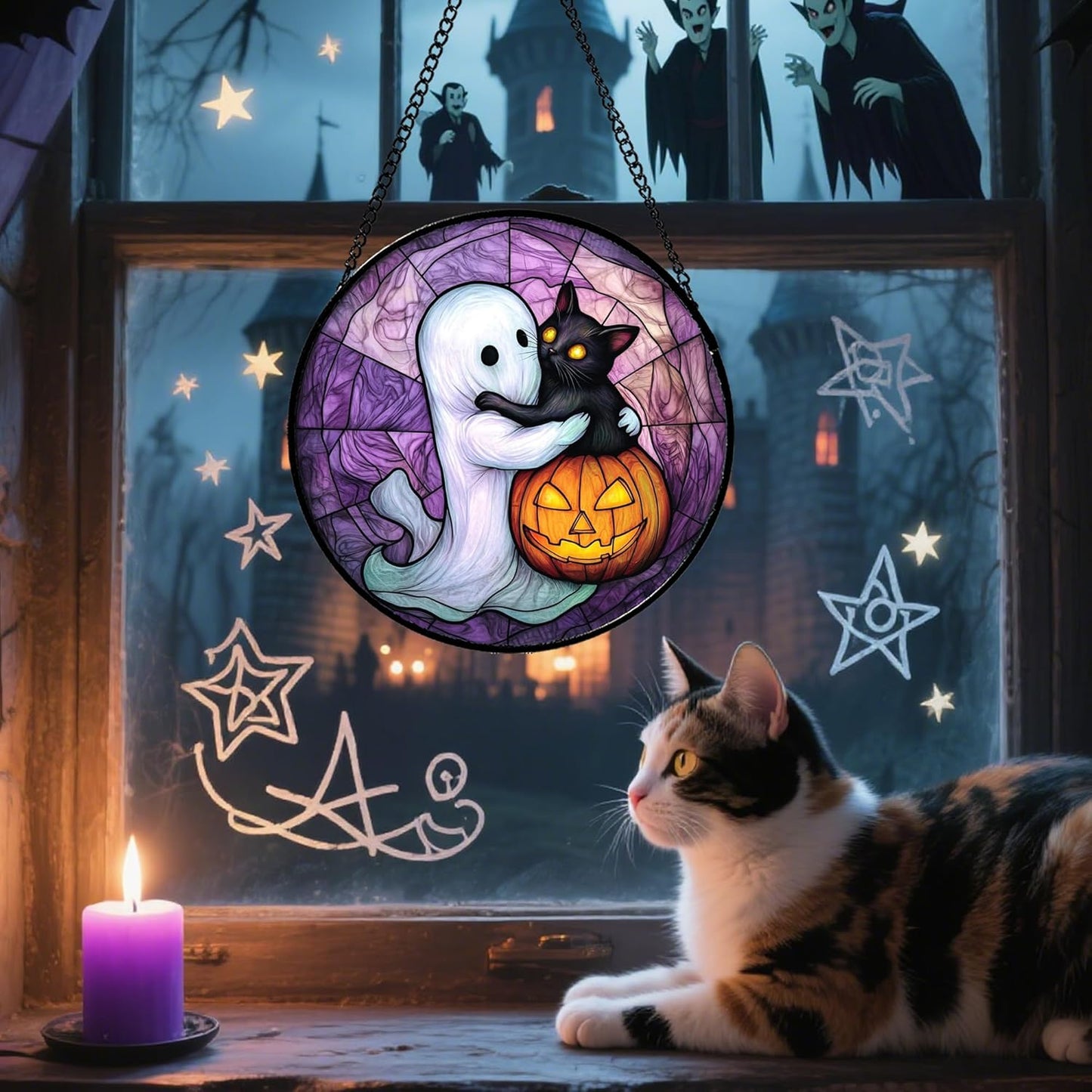 Stained Glass Window Hanging - Halloween Decorations Ghost Black Cat Pumpkin Suncatcher for Door Garden Spooky Purple Sun Catchers Gothic Decor Horror Gifts for Women Men Friend Boy 7.8 in