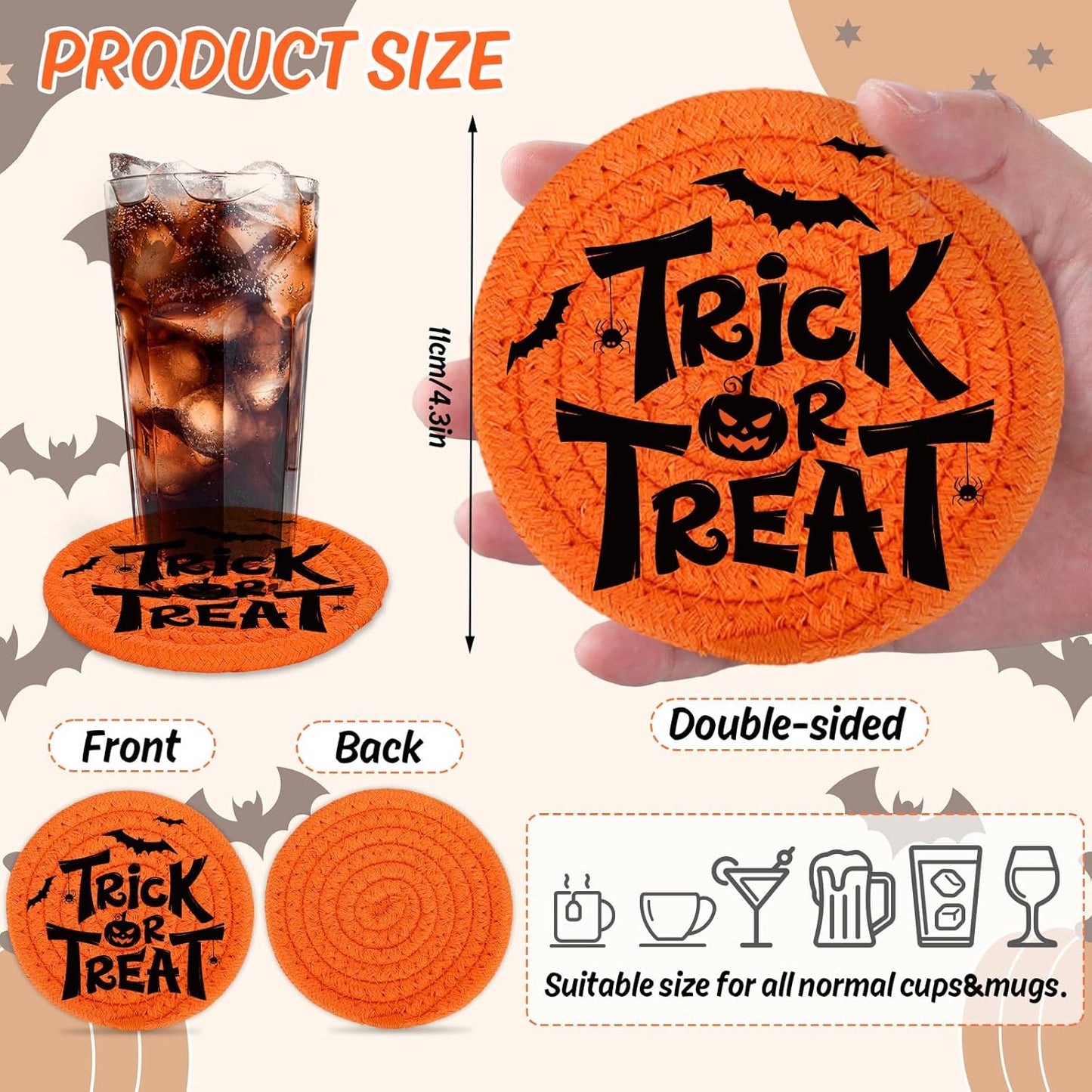 Whaline Happy Halloween Cotton Coasters Black Orange Pumpkin Face Handmade Braided Drink Coasters Absorbent Cup Mats for Trick or Treat Party Home Table Decor, Set of 4