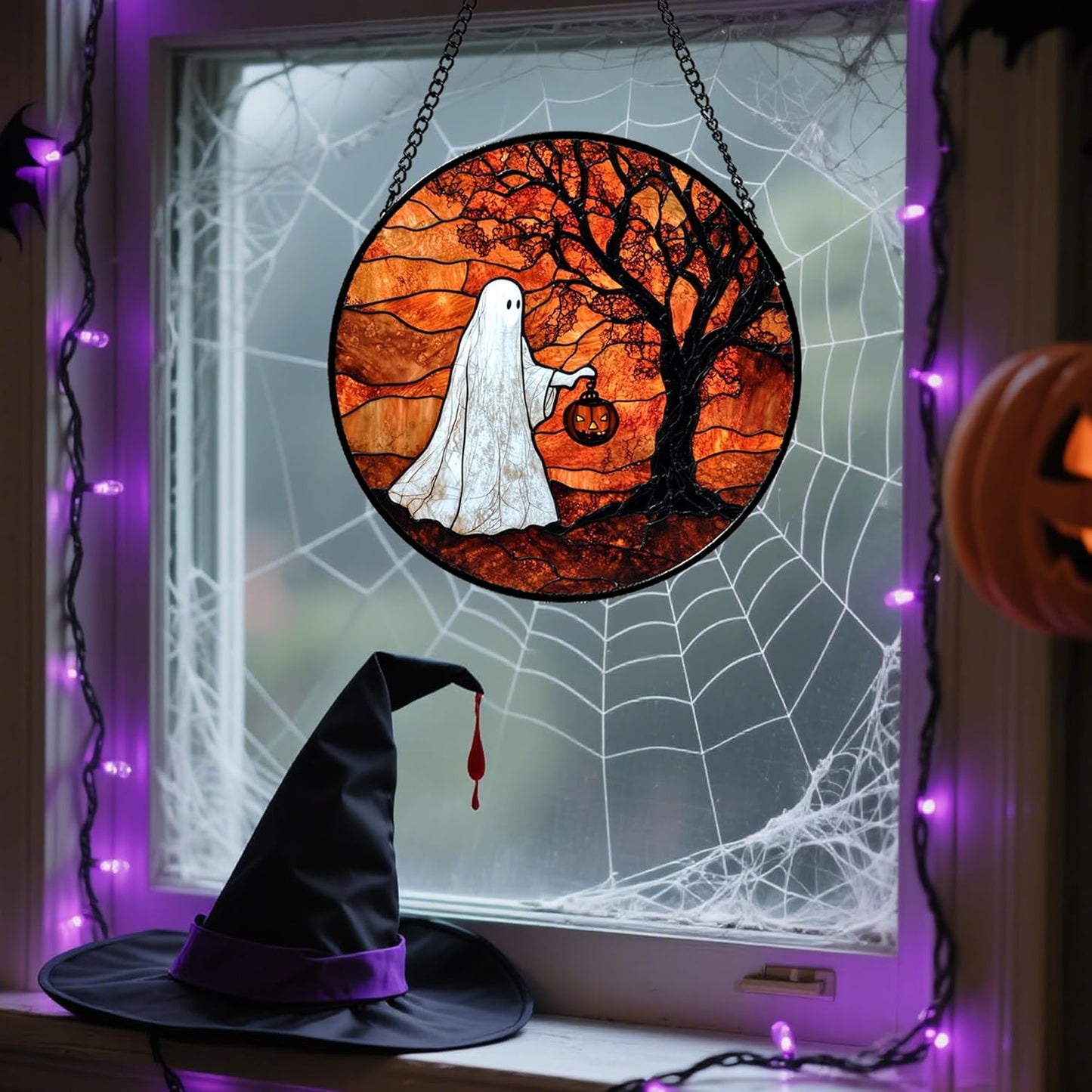 Stained Glass Window Hanging - Halloween Ghost Holding A Pumpkin Lantern Suncatcher for Door Garden Spooky Tree Sun Catchers Gothic Decorations Horror Gifts for Women Men Friend 9.8 in