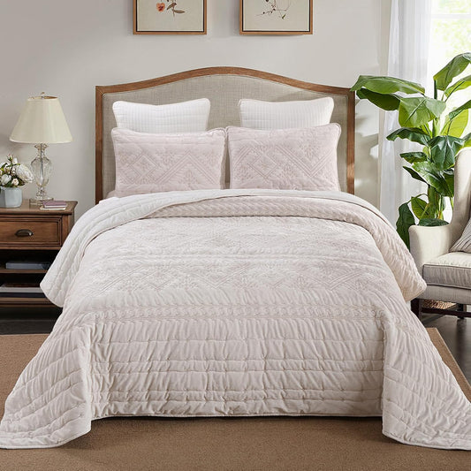Yvooxny 3-Piece Quilt Set Queen Size Velvet Embroidery Quilted Bedspread Coverlet Set Bedding Set with Pillowcases for All Seasons, White, 98 * 90 Inches