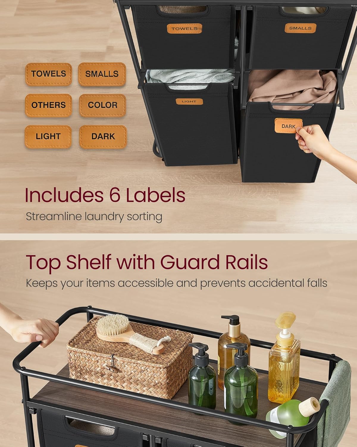 VASAGLE Laundry Sorter, Laundry Hamper with Wheels, 39.6 Gal. (150 L) Portable Rolling Cart Baskets with Shelf, 4 Removable Liners and 6 Labels, Ink Black and Chestnut Brown URLS100B01