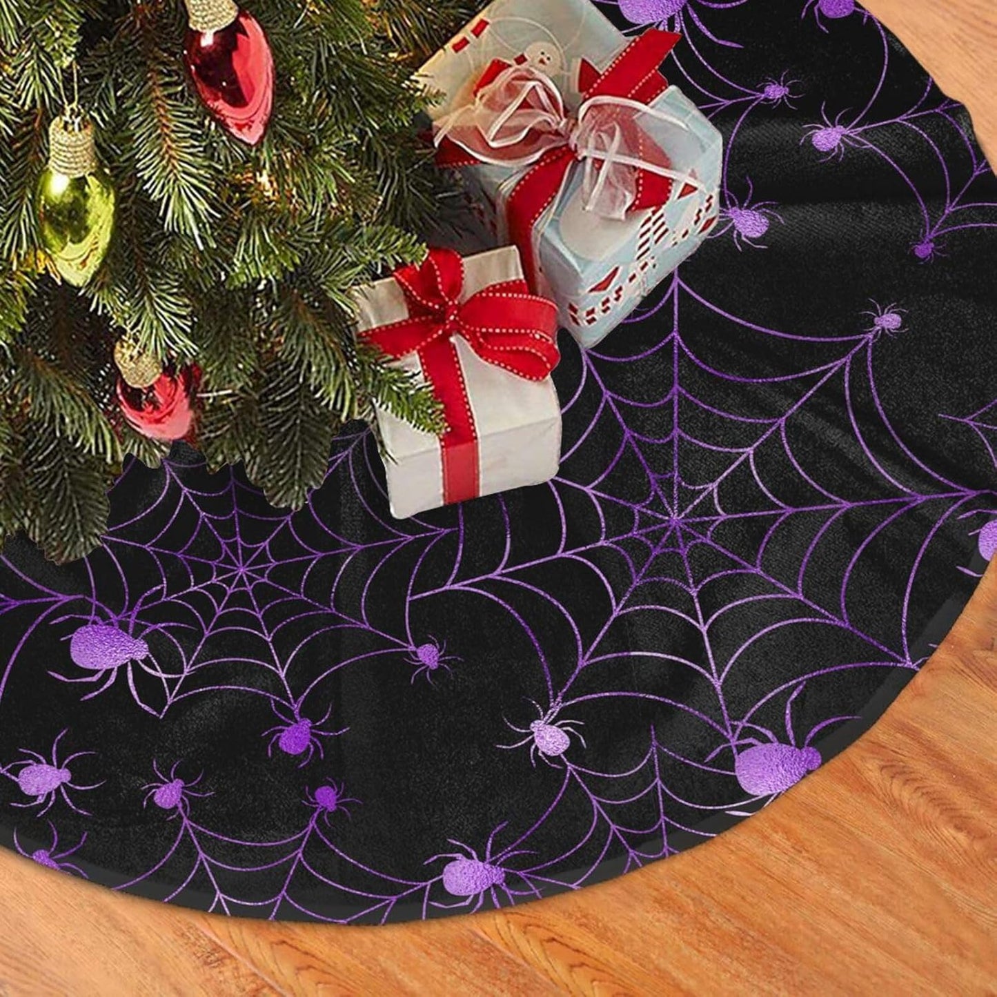 Christmas Tree Skirt,Purple Spider Web Xmas Tree Skirt Rustic Farmhouse Tree Skirt for Christmas Decor Xmas Holiday Home Party Decorations36