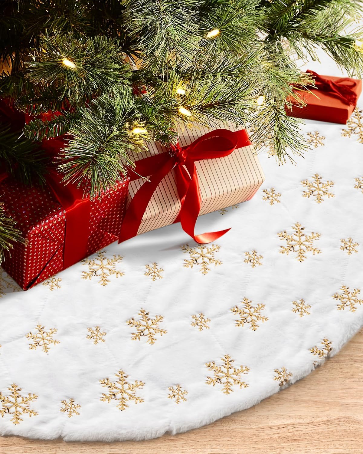 COOLWUFAN 72 Inches Christmas Tree Skirt for Xmas Tree Holiday Party Decoration White Plush Gold Sequin Snowflake (Gold)