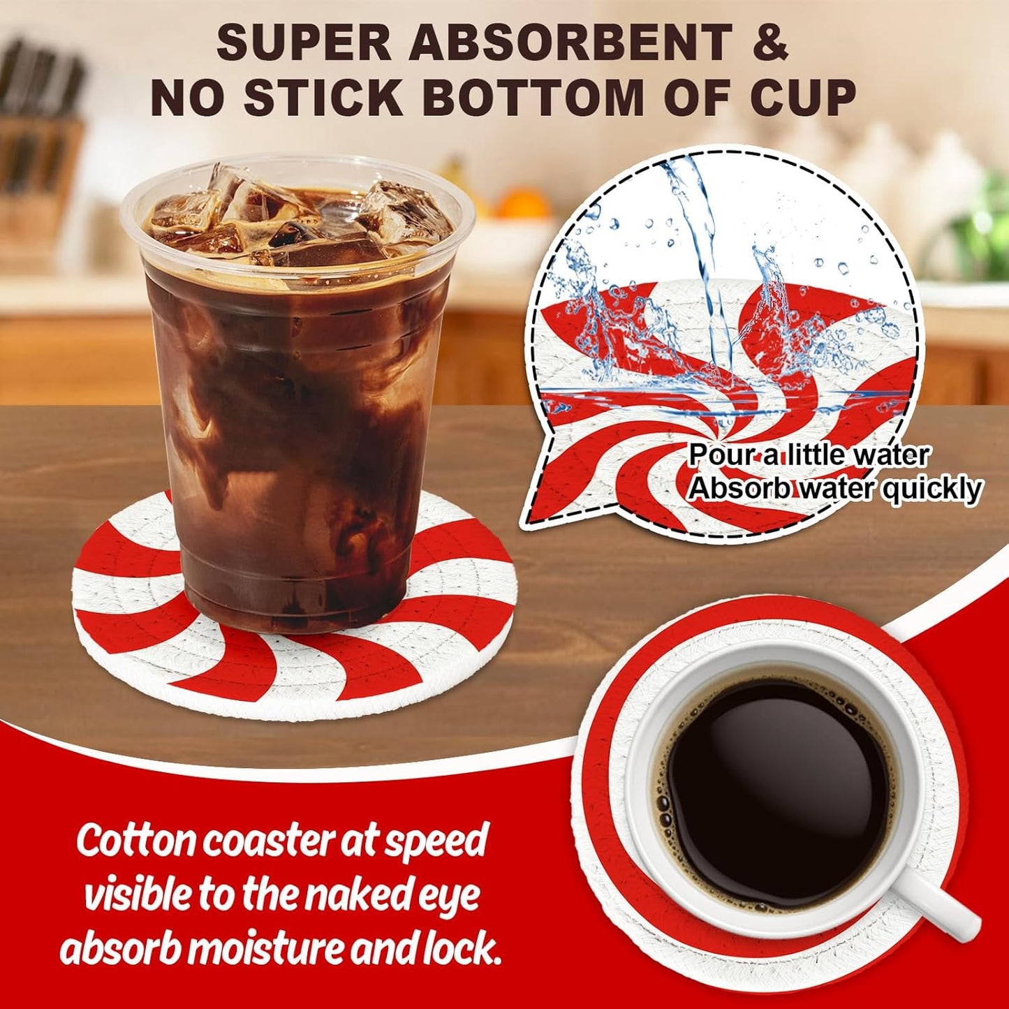 Whaline Christmas Candy Cotton Coasters Red White Peppermint Handmade Braided Drink Coasters Absorbent Cup Mats for Xmas Holiday Party Home Table Decor, Set of 4