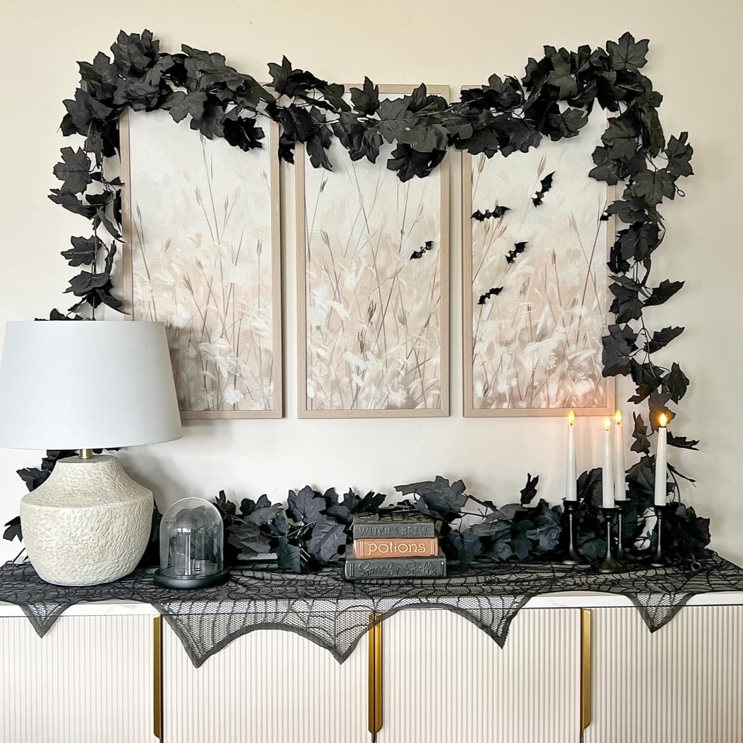 CQURE 9 Pack Black Fall Leaf Garland, Total 53.1Ft Halloween Garland Hanging Vines Artificial Fall Maple Leaves Thanksgiving Decor for Home Wedding Fireplace Christmas