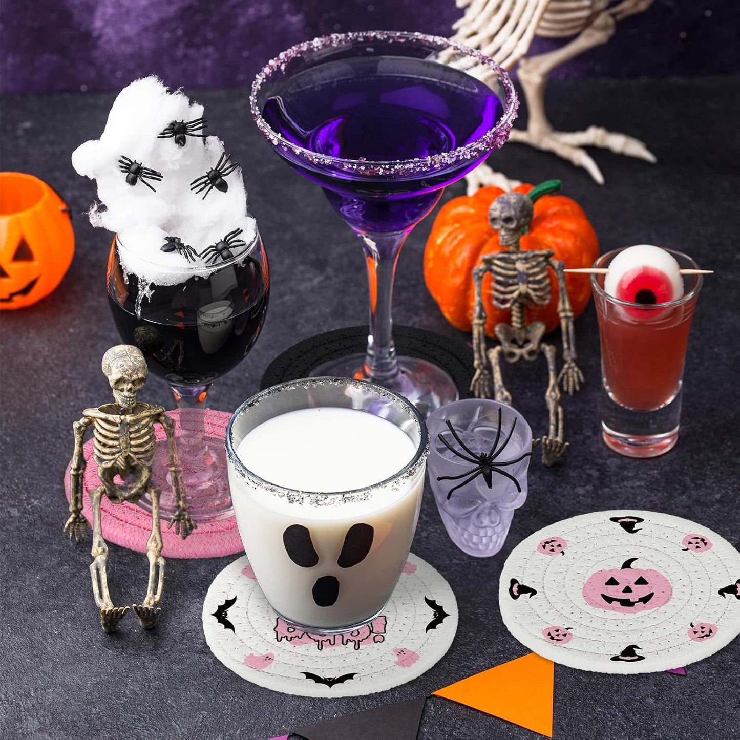 Whaline 4Pcs Halloween Handmade Braided Cotton Coasters Pink Black Pumpkin Ghost Boo Drink Coasters Absorbent Cup Coasters for Home Office Party Decor, 4.3 Inch