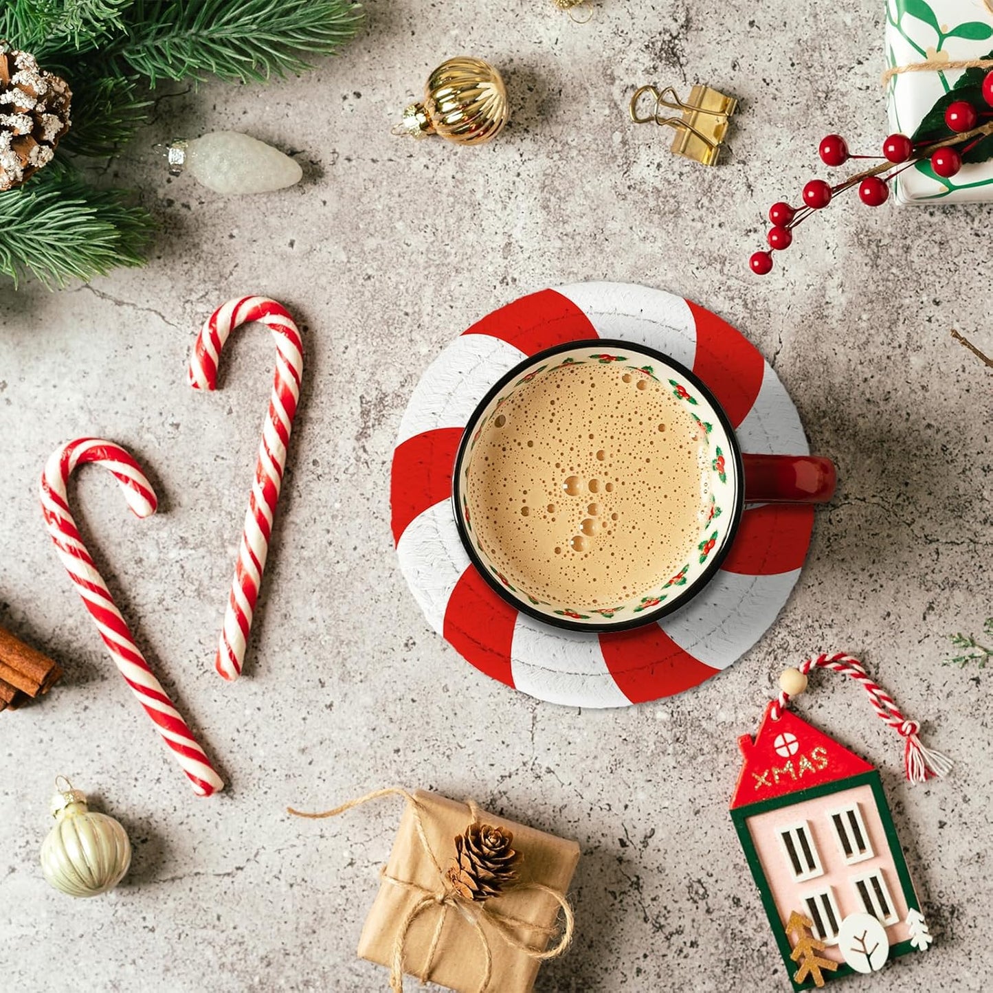 Whaline Christmas Candy Cotton Coasters Red White Peppermint Handmade Braided Drink Coasters Absorbent Cup Mats for Xmas Holiday Party Home Table Decor, Set of 4