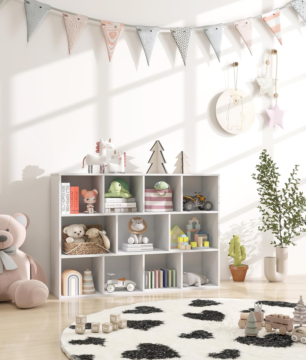 11 Cube White Kids Toy Storage Organizer & Bookshelf – Toy and Book Storage for Kids, Baby Bookshelf for Nursery, Wooden Bookcase & Book Organizer for Classroom