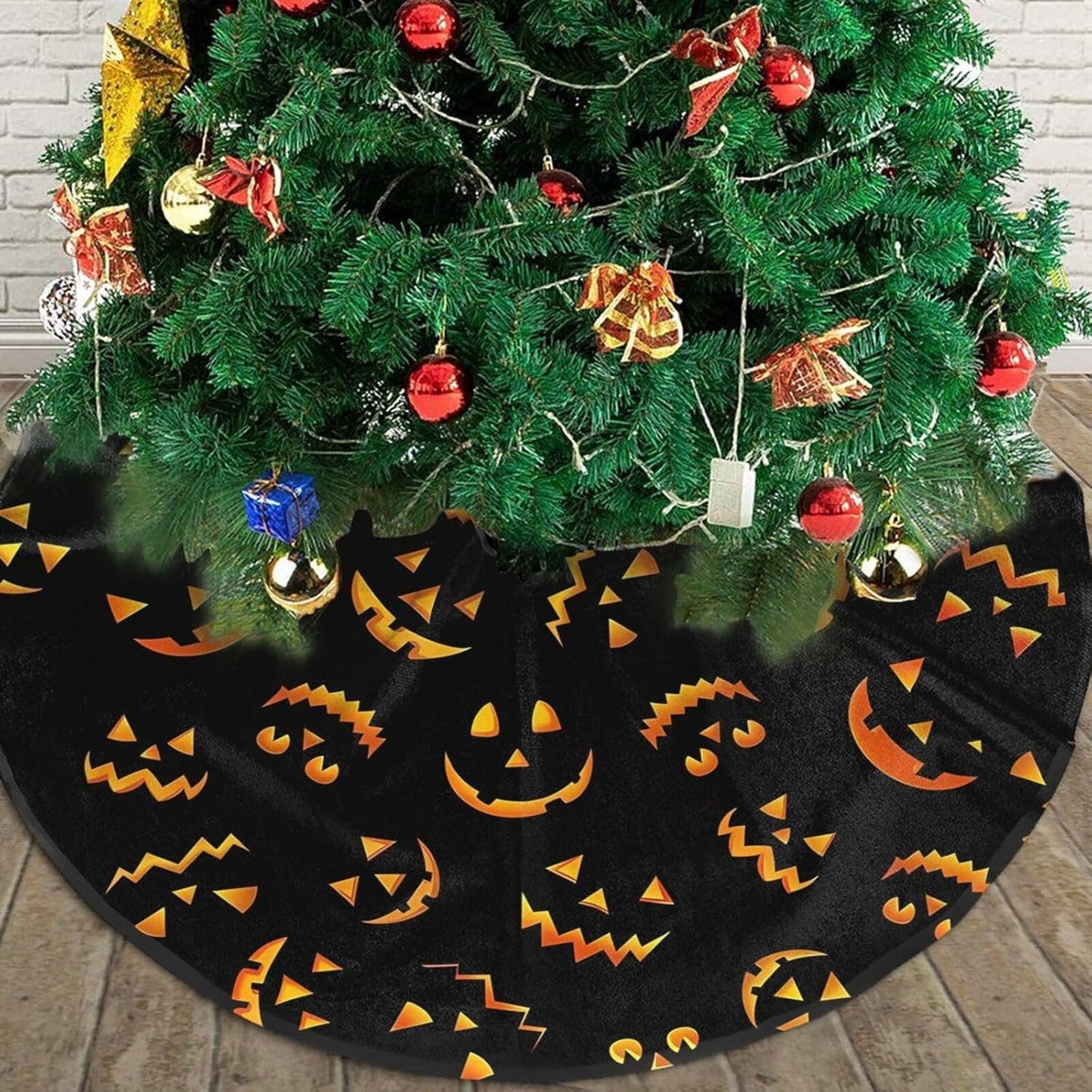Christmas Tree Skirt,Jack O Lantern Pumpkin Smiles Xmas Tree Skirt Rustic Farmhouse Tree Skirt for Christmas Decor Xmas Holiday Home Party Decorations48