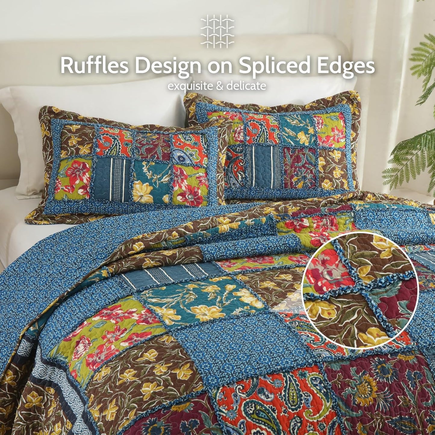 Yvooxny King Quilt Set Reversible Paisley King Size Quilted Bedspread Coverlet Set Country Farmhouse Cottage Quilted Bedding Set with Pillowcases for All Seasons, King Size, 108 * 96 Inches