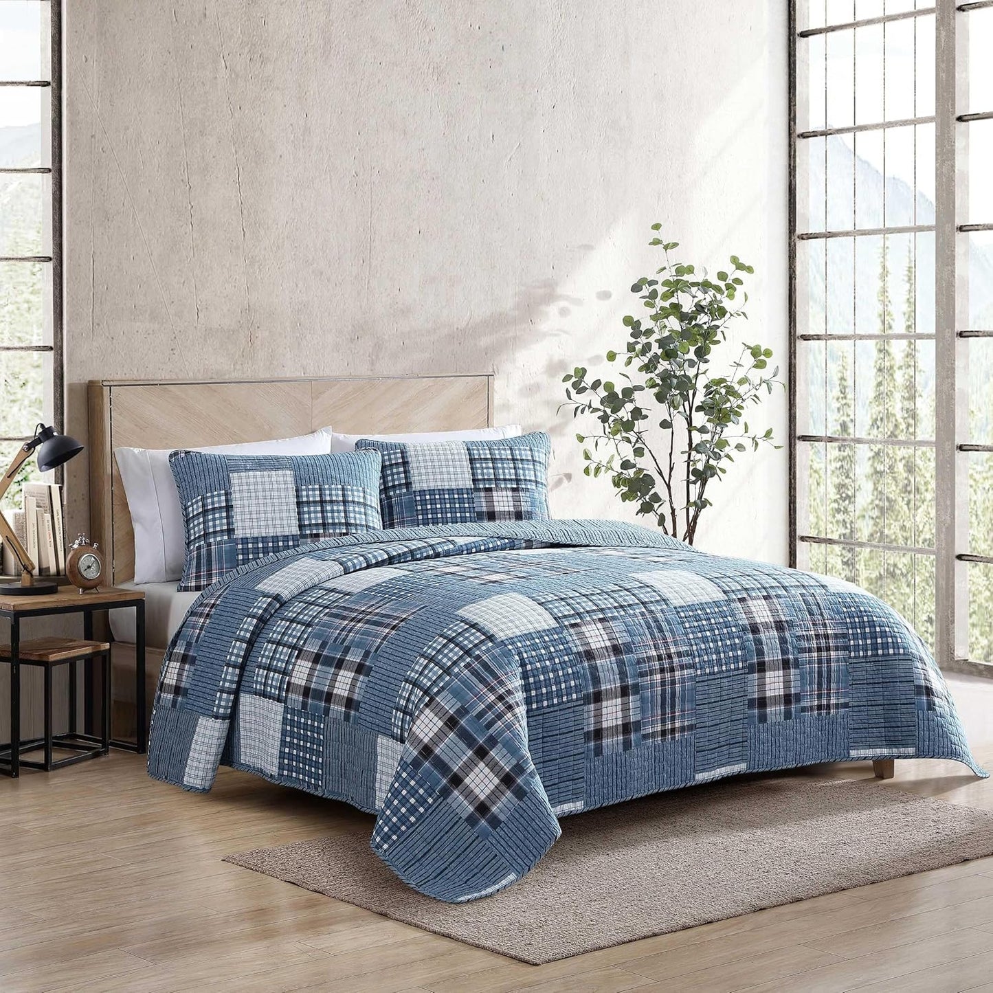 Eddie Bauer - Twin Quilt Set, Reversible Cotton Bedding with Matching Sham, Patchwork Plaid Home Decor (Hawthorne Blue, Twin)