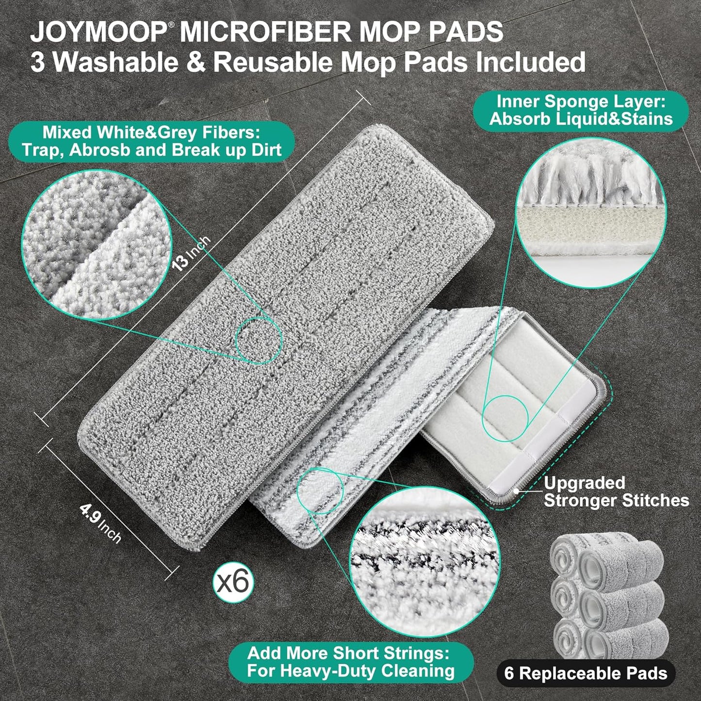 JOYMOOP Mop and Bucket with Wringer Set, Hands Free Flat Floor Mop and Bucket, 60" Mop with 6 Reusable Microfiber Pads, Wet and Dry Use, Floor Cleaning System