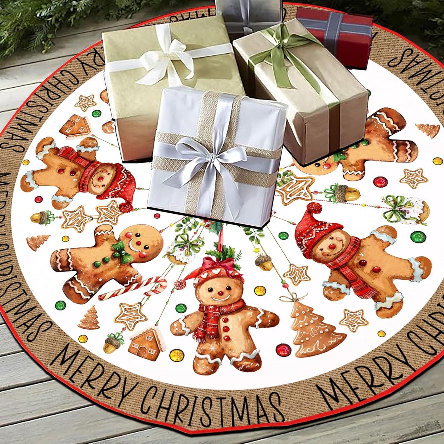 Baccessor Christmas Tree Skirt 36 Inch, Merry Christmas Cute Gingerbread Man Christmas Tree Skirt Collar for Xmas Winter Holiday Farmhouse Vintage Rustic Party Decoration