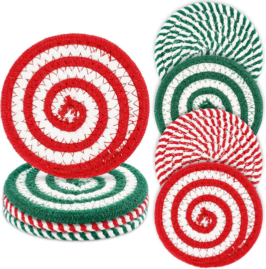 Whaline Christmas Cotton Coasters Red Green Peppermint Candy Handmade Braided Drink Coasters Absorbent Cup Mats for Xmas Holiday Party Home Table Decor, Set of 4