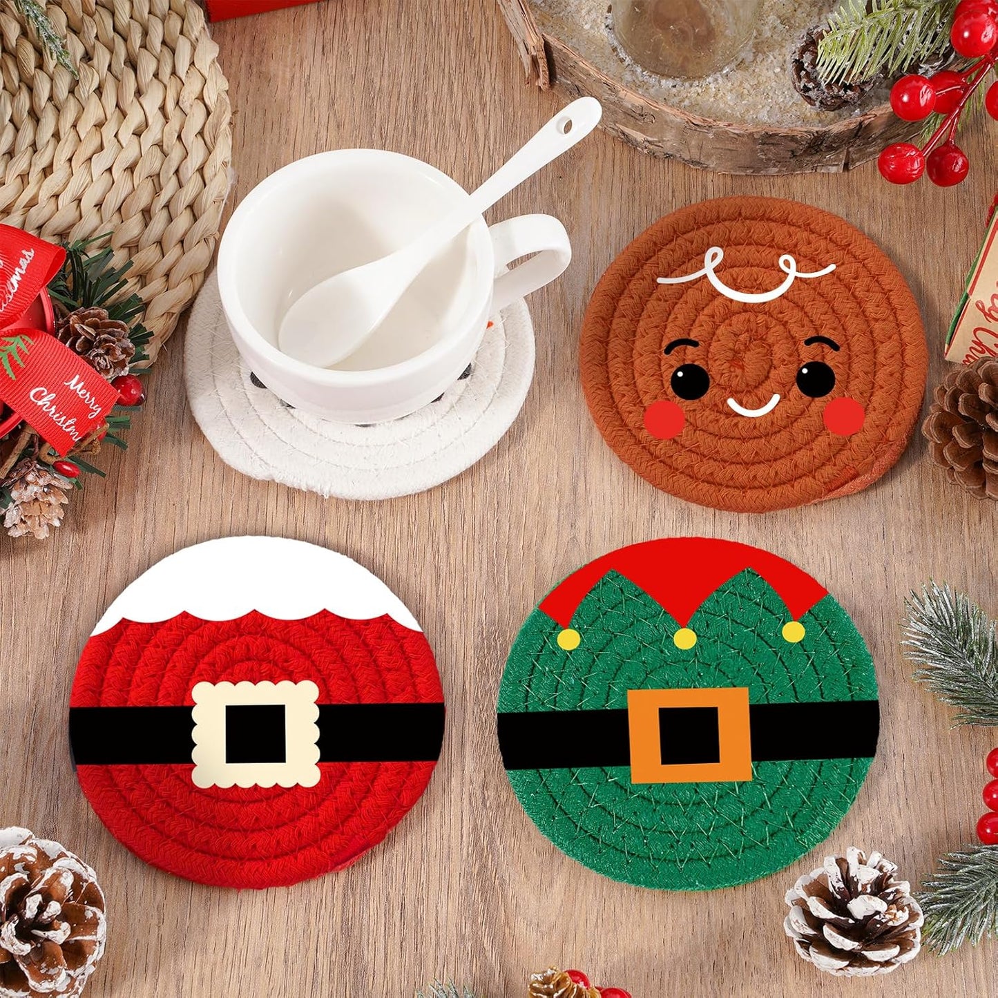 Whaline Christmas Cartoon Cotton Coasters Funny Santa Gingerbread Snowman Handmade Braided Drink Coasters Absorbent Cup Mats for Xmas Holiday Party Home Table Decor, Set of 4