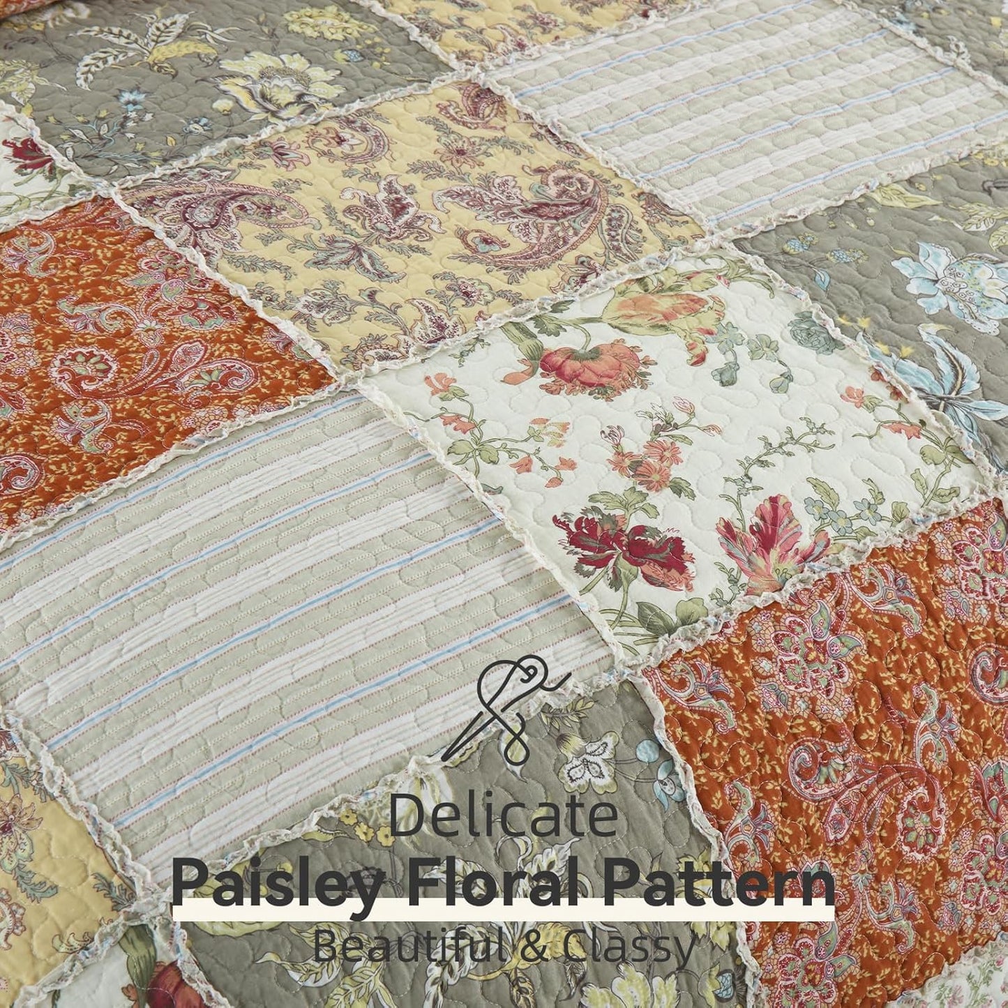 Yvooxny 3-Piece Quilt Set King Size Quilted Bedspread Reversible Country Style Floral Real Patchwork Bedding Quilt Set with Ruffles with Pillowcases for All Seasons, 108 * 96 Inches